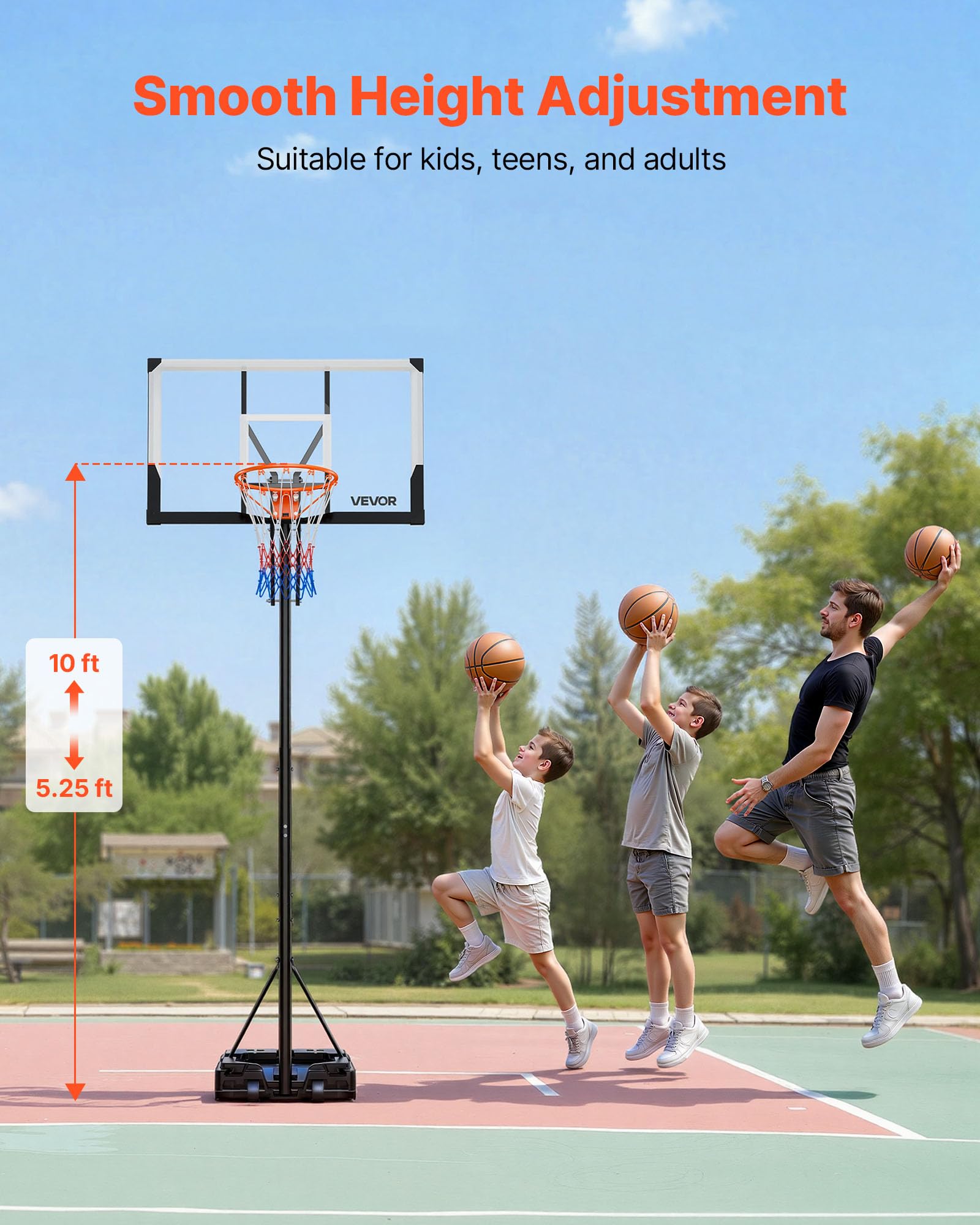 VEVOR Supporto da Basket Portatile Massimo 3,05 m Pallacanestro da Esterno con Piedistallo Regolabile in Altezza Design di Sollevamento, con Ruote e Tabellone PC da 1219,2 mm, per Cortili, Scuole