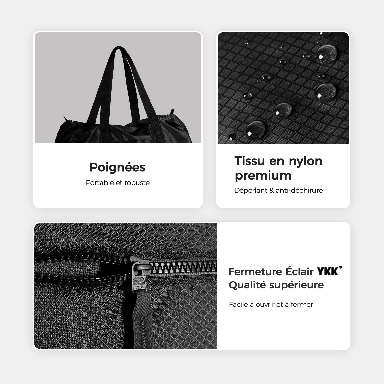 pack all Sac de Voyage Pliable 45 L, Léger et Résistant à l'eau, Noir | Sac de Voyage Week-end en Nylon Anti-Déchirure, Fermetures Éclair YKK Fluides, Ultra Léger et Portable, Coutures Renforcées