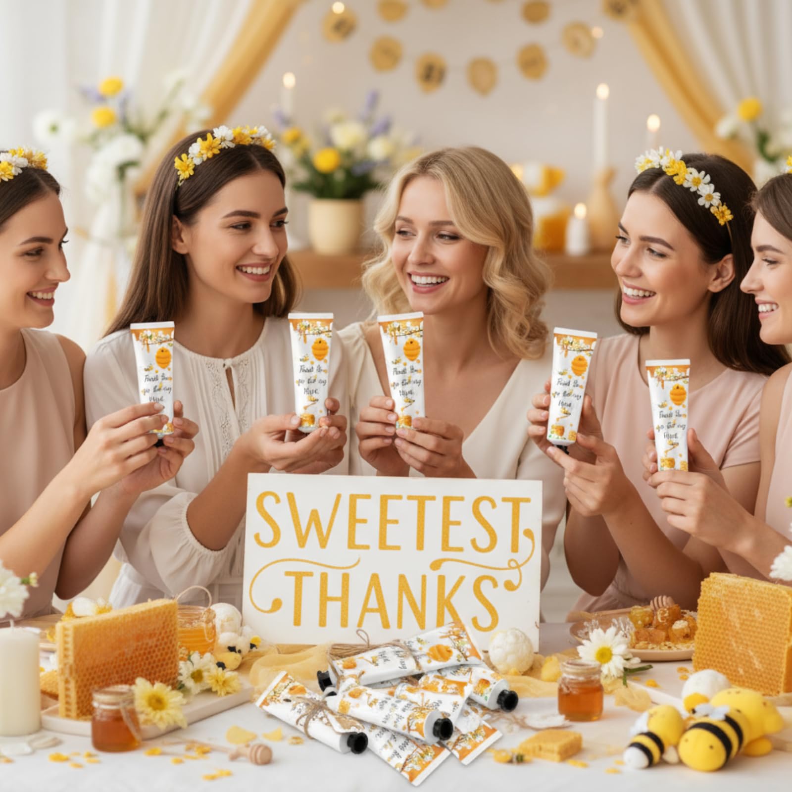 48 juegos de crema de manos para baby shower, miel de abeja, recuerdos para baby shower, crema de manos de agradecimiento para invitados, loción de viaje con bolsas de organza.