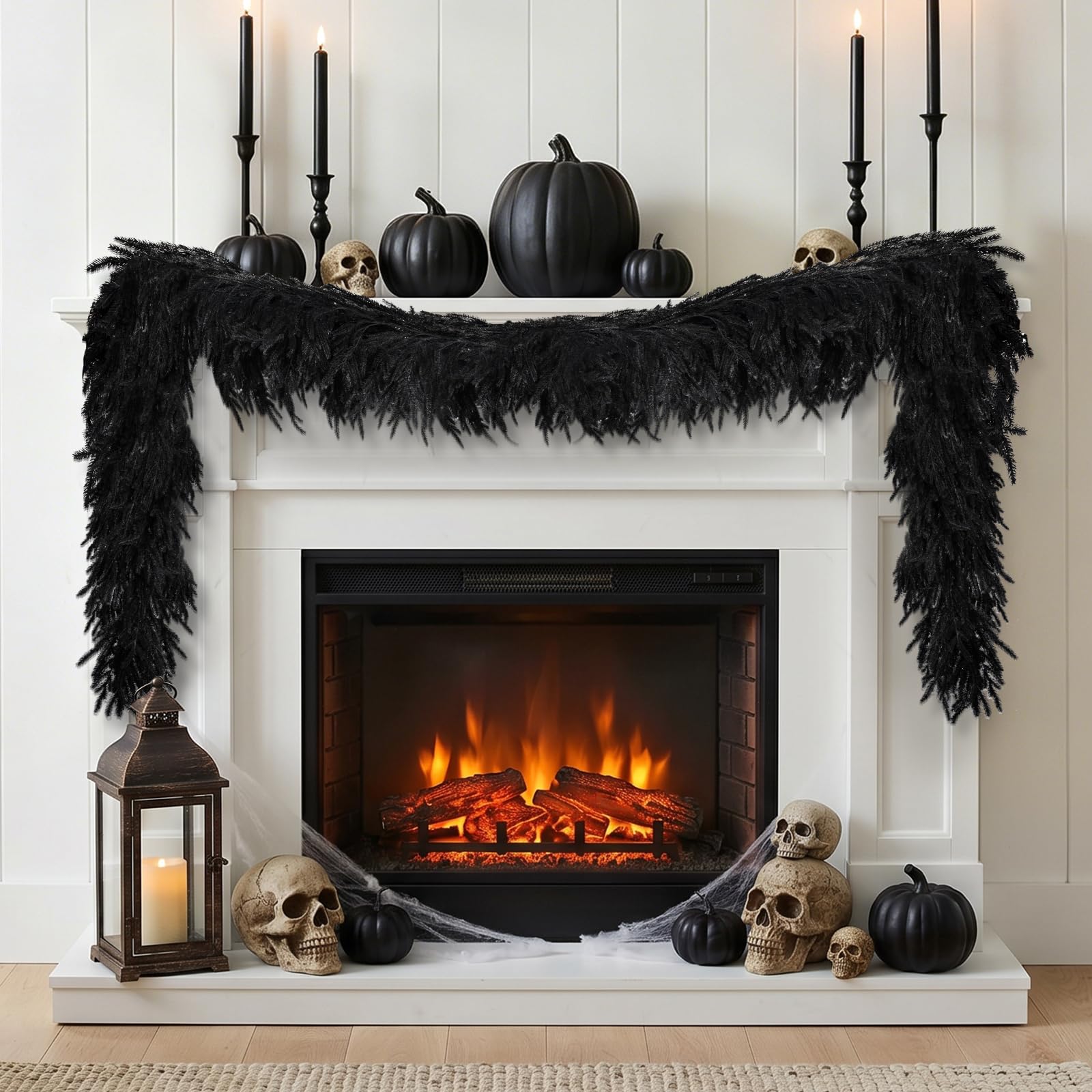 Halloween Decorations Indoor - 6FT Black Artificial Norfolk Pine Garland | Realistic Faux Halloween Garland for Mantel Front Door Tabletop Fireplace Stairs Railing Halloween Decor