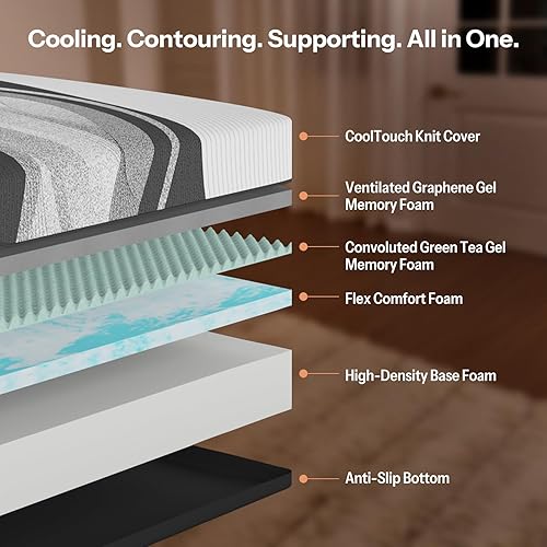 Miniatura 4 de Colchón King de espuma viscoelástica de gel de 14 pulgadas fabricado en Estados Unidos, tela de enfriamiento, grafeno y té verde, sin fibra