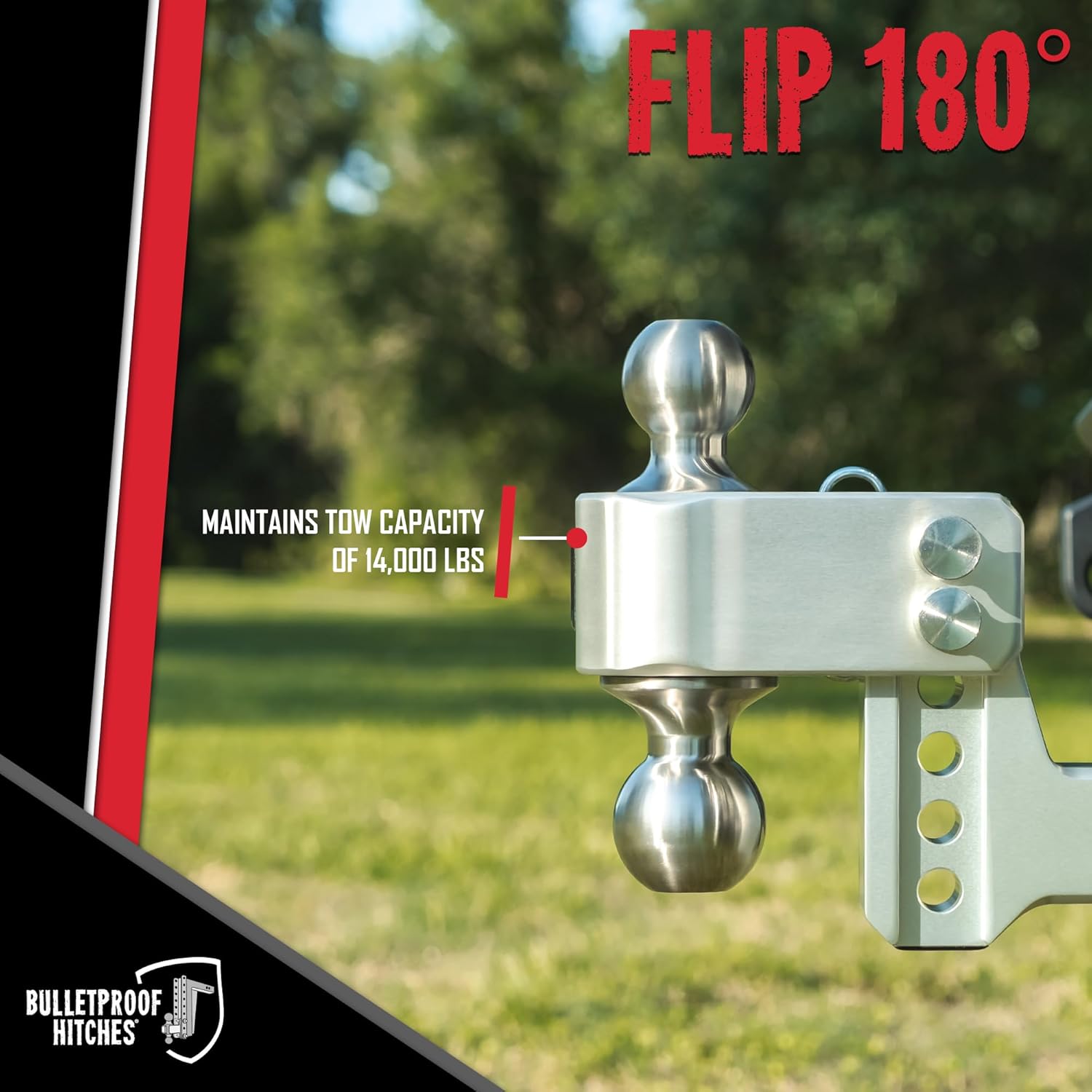 BulletProof Hitches - 2.5" Aluminum Trailer Hitch (14,000 lb. Rating) - Adjustable Hitch with 4" Drop/Rise and 2" & 2-5/16" Stainless Steel Dual Ball - Corrosion-Resistant Tow Hitch