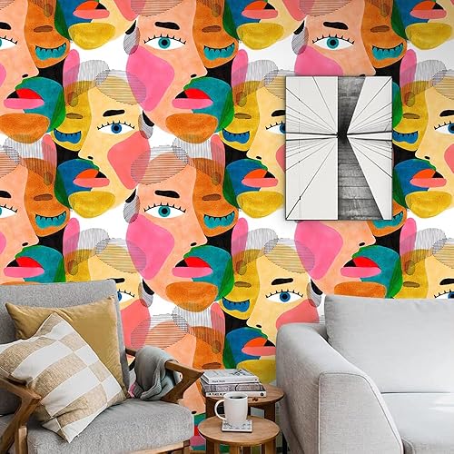 Miniatura 2 de Modern Art - Papel tapiz autoadhesivo para despegar y pegar, papel de contacto abstracto colorido con patrón de cara humana, extraíble, impermeable,