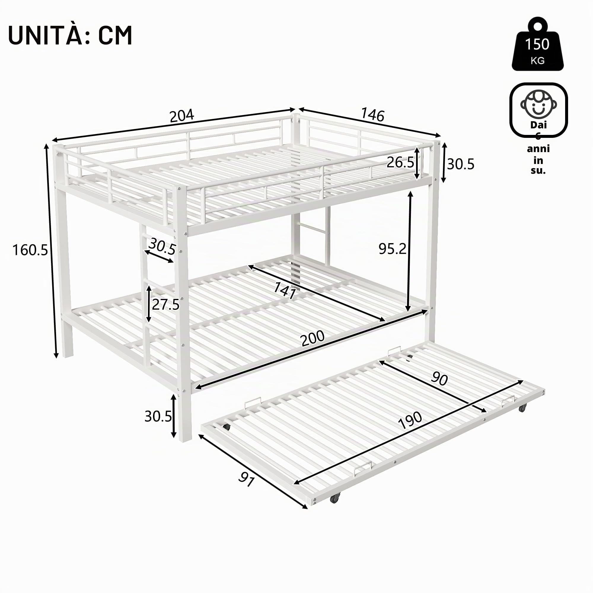 Moimhear 140 x 200 cm, letto a castello, letto con telaio in ferro, letto per bambini, dotato di letto estraibile (90 x 190 cm), ringhiera alta, senza materasso (bianco)