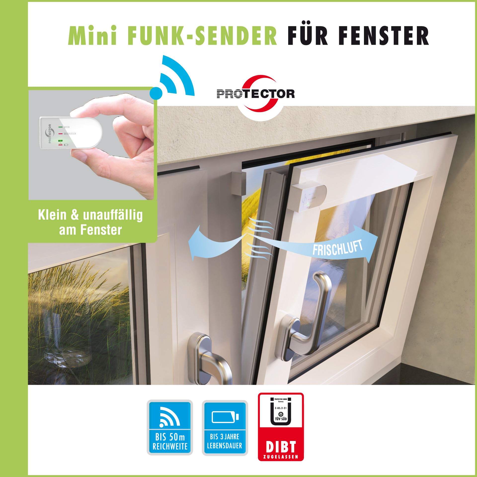Protector AS-5120 Funk-Abluftsteuerung mit Mini Fensterkontaktschalter & Funksteckdose für Dunstabzugshaube & Kamin, Zuluftwächter, Fensterkontaktschalter Funk mit DIBT-Zulassung & Umstecksicherung
