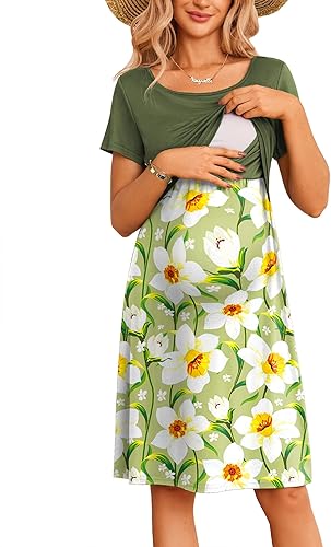 Ekouaer Vestido de lactancia para mujer, vestido de verano de manga corta, retazos, maternidad, lactancia, hasta la rodilla