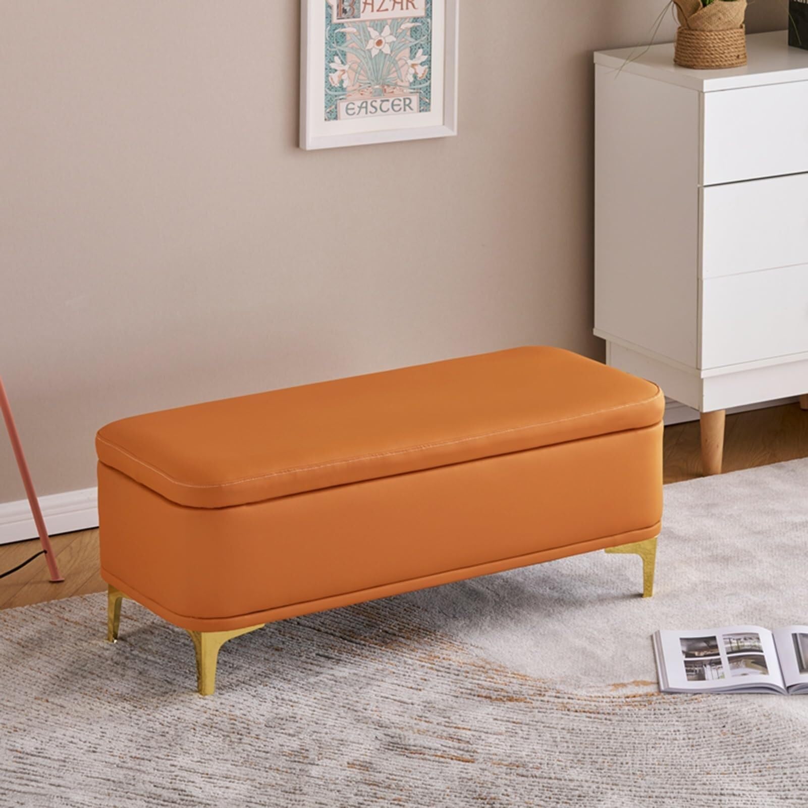 Banc de rangement capitonné orange 120cm, meuble d'intérieur premium