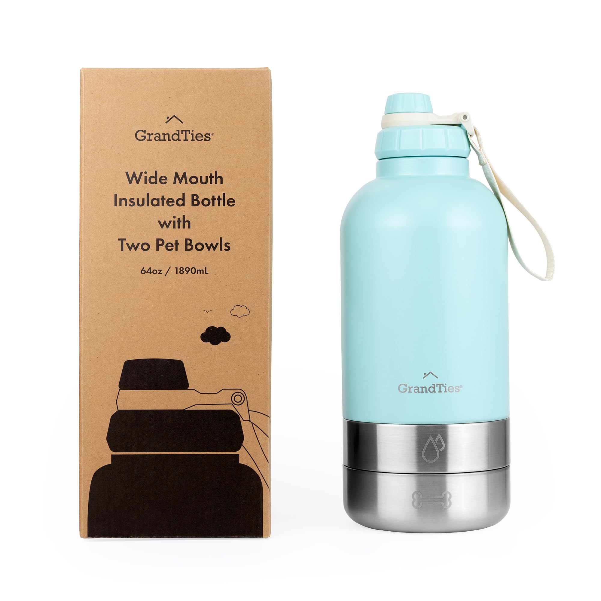 GrandTies Borraccia portatile isolata per cani con 2 dispenser staccabili per l'acqua per cani, contenitore da viaggio per cibo per cani, accessori per cani, passeggiate, escursionismo, campeggio (1,8