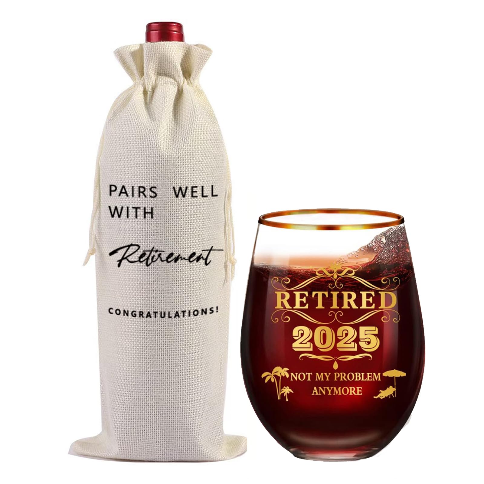 ZCLOMOLC Retirement Stemless Wine Glass, 15 oz, Red, BPA-Free Glass, Perfect for Home, 2025 Retirement Gift