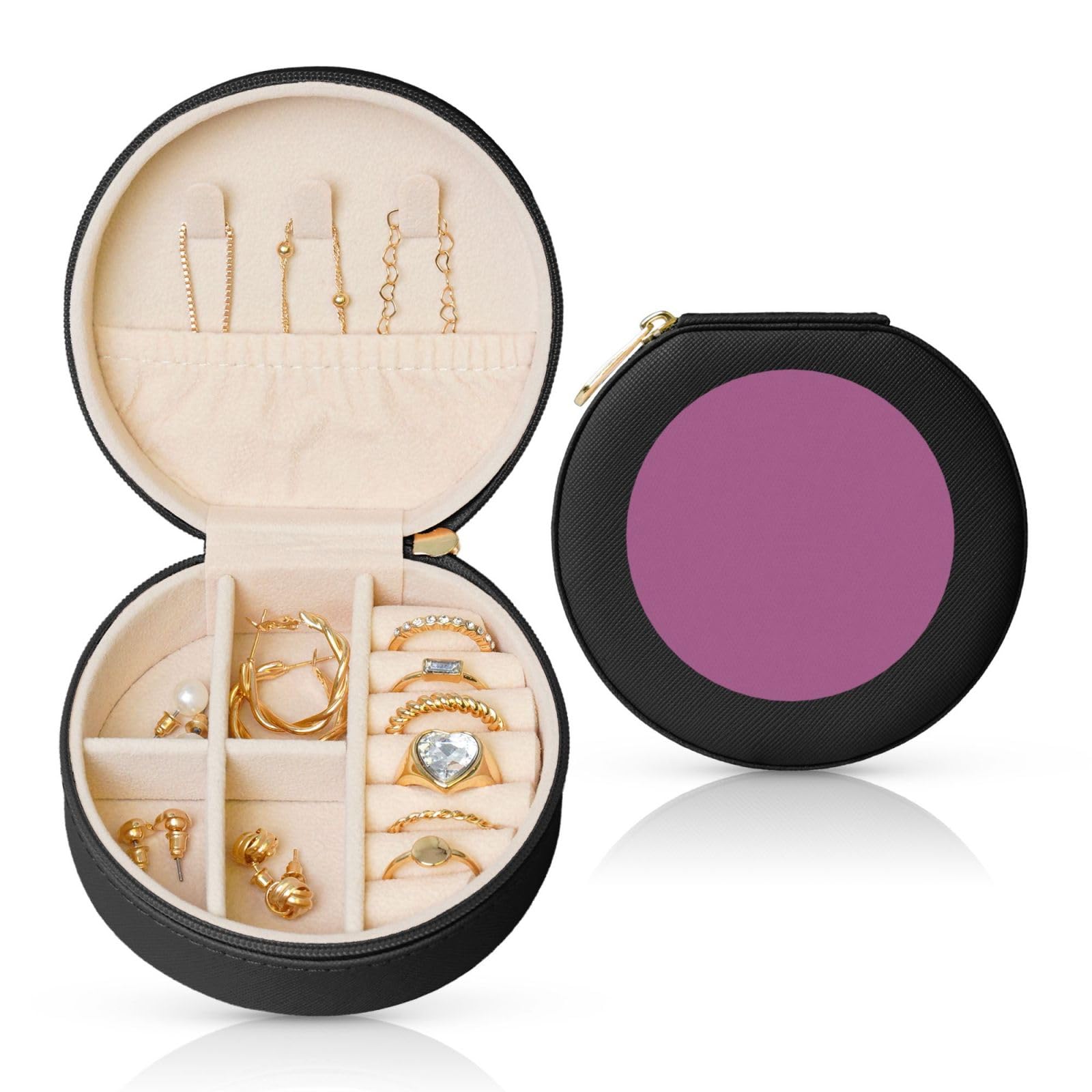ZZYYDS Solid color grape redTravel jewelry box,round jewelry