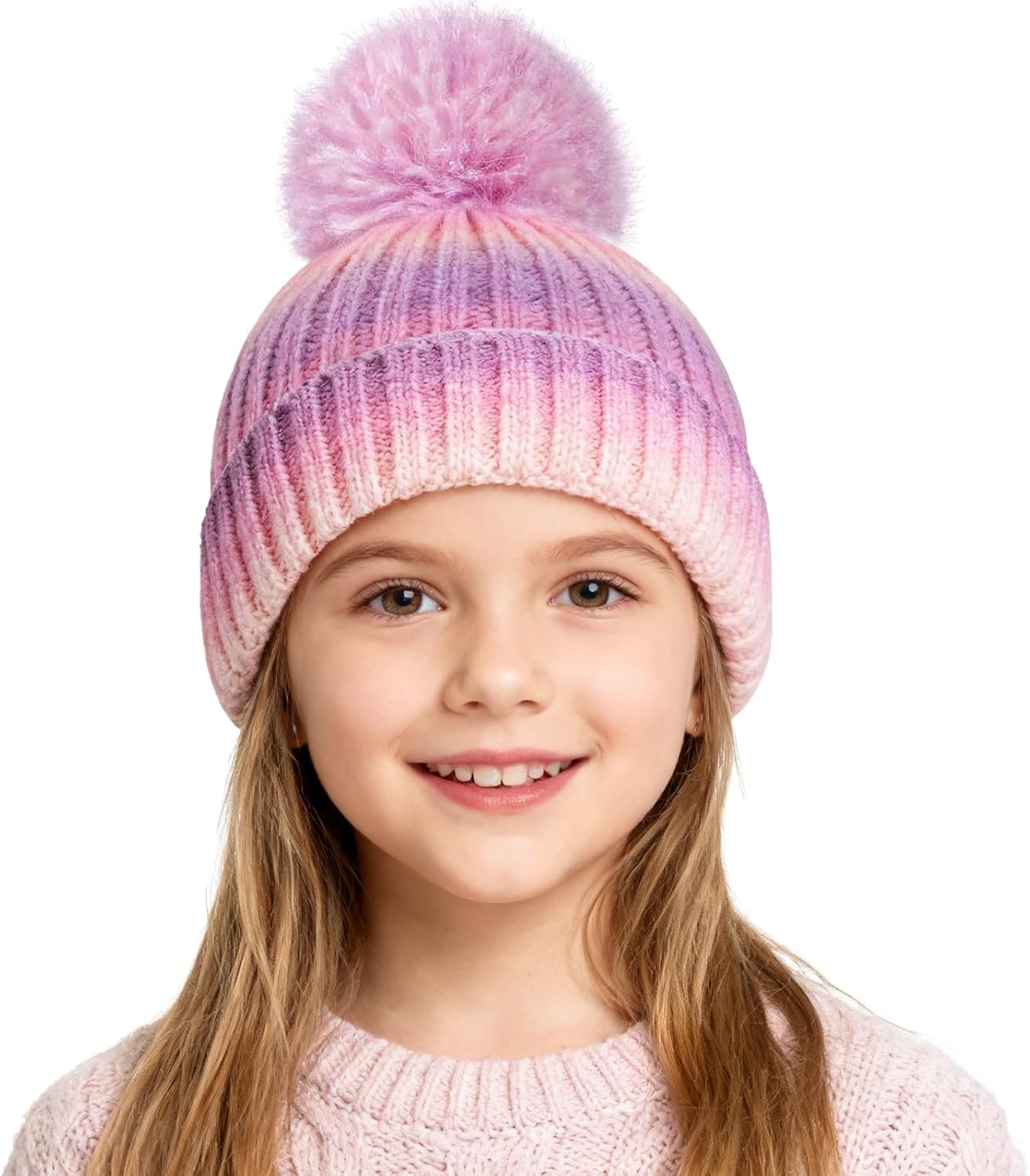 ZGDG Girls Boys Winter Beanie Hat with Pompom, Toddler Knitted Hat for Kids, Children Warm Colorful Cap 3-8 Years