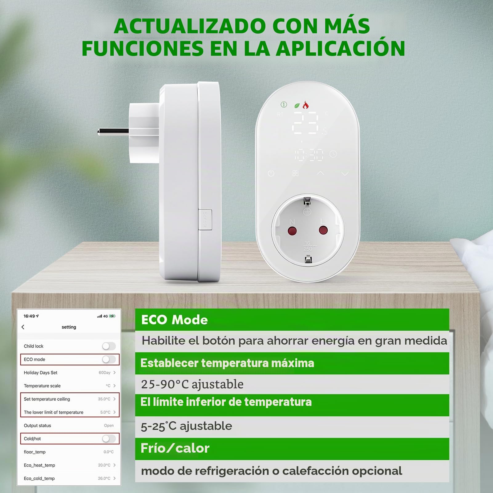 Jadeshay Termostato Digital Inteligente Enchufe de termostato Calefacción y Refrigeración 220V 16A Compatible con Alexa y Google Assistant Termostato para Reptiles Incubadora Invernadero (EU)