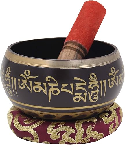Miniatura 2 de DharmaObjects Grande  Juego de cuencos tibetanos OM MANI con mazo, cojín de brocado y bolsa de transporte  para meditación, curación de chakras,