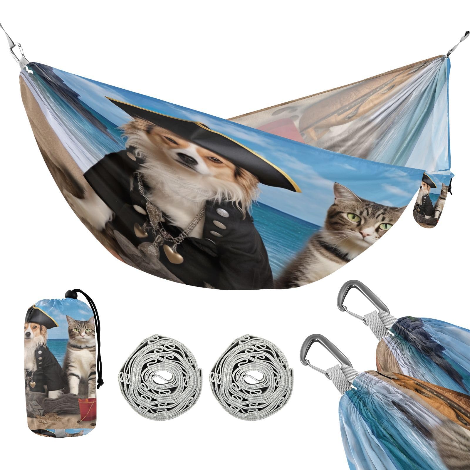 SDMKA Pirate Cats Camping Hammock, 330 lbs with 2 Tree Straps, Carry Bag, Single Portable Hammock for Outdoor/Indoor, Hiking, Beach, Backpacking, Travel