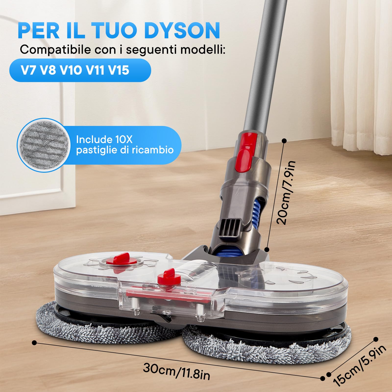 Testa di Mocio Elettrico per Dyson V7/V8/V10/V11/V15 | Spazzola Lavapavimento con Serbatoio Rimovibile e 10 Panni Lavabili | Compatibile con Aspirapolvere Dyson
