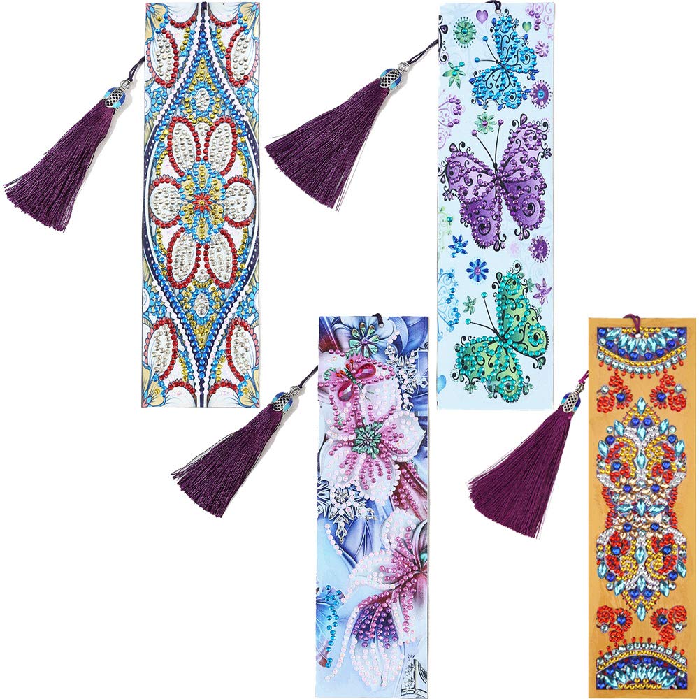 DIY Rhinestone Bookmark, Vacio 4 Pieces DIY Beaded Bookmark Creative Leather Tassel Bookmark 5D Diamond Painting Bookmarks Art Crafts for Kids Adult Beginner (A02)