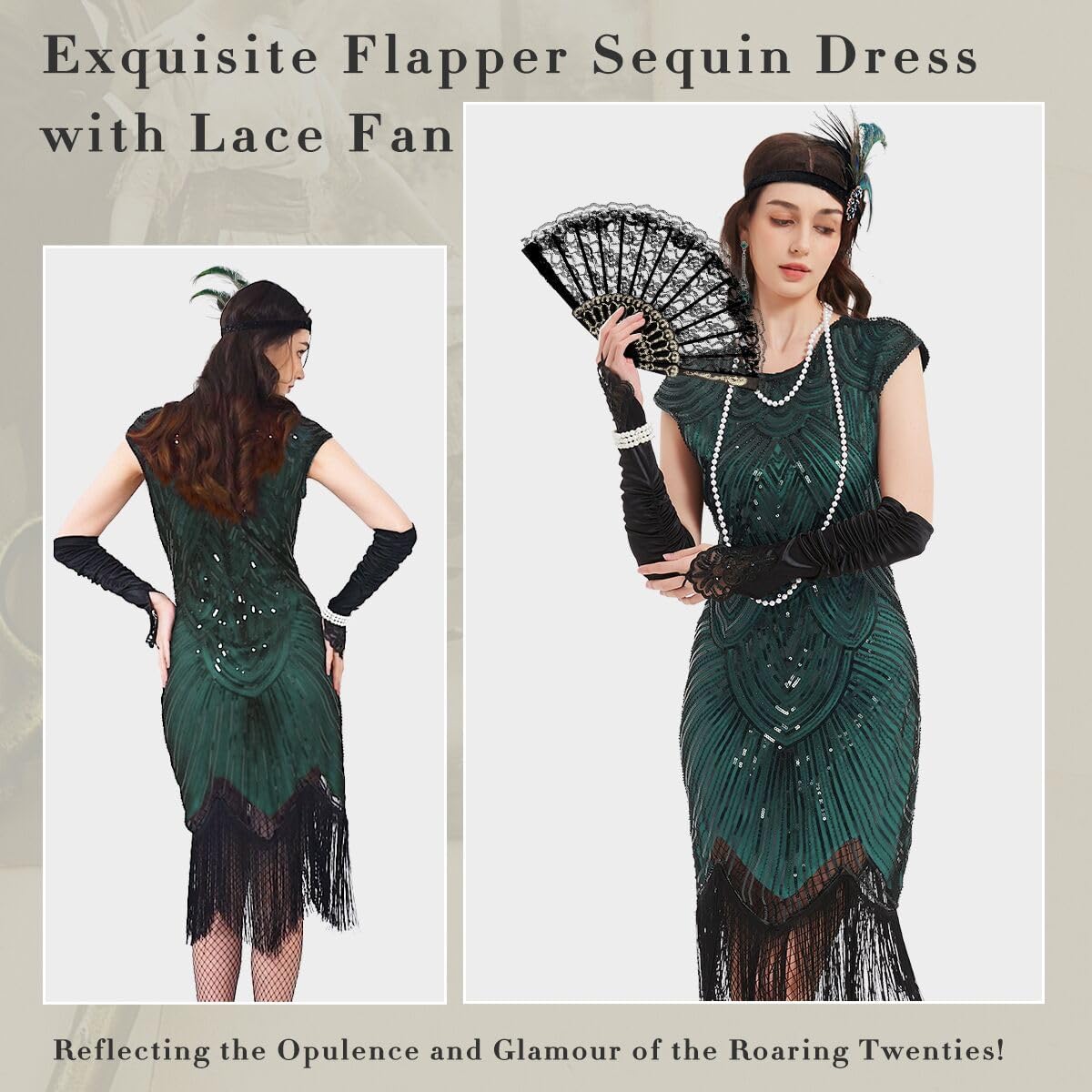Women's Flapper Dresses 1920s Sequin Fringe Beaded Cocktail Crew Neck Dress Roaring 20s Accessories Vintage Lace Fan Headband - Image 3