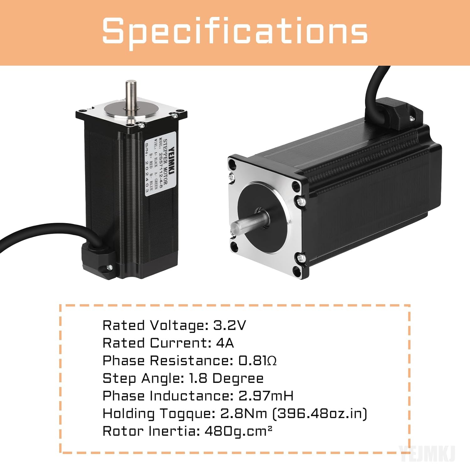 Nema 23 Stepper Motor 112MM Bipolar 2.8Nm/396.48oz.in 4A 1.8 Degree Nema23 57 Motor 2 Phase 4 Wires High Torque 3D Printer Motors for CNC Router Engraving Machine, 2.25x2.25x4.41inch