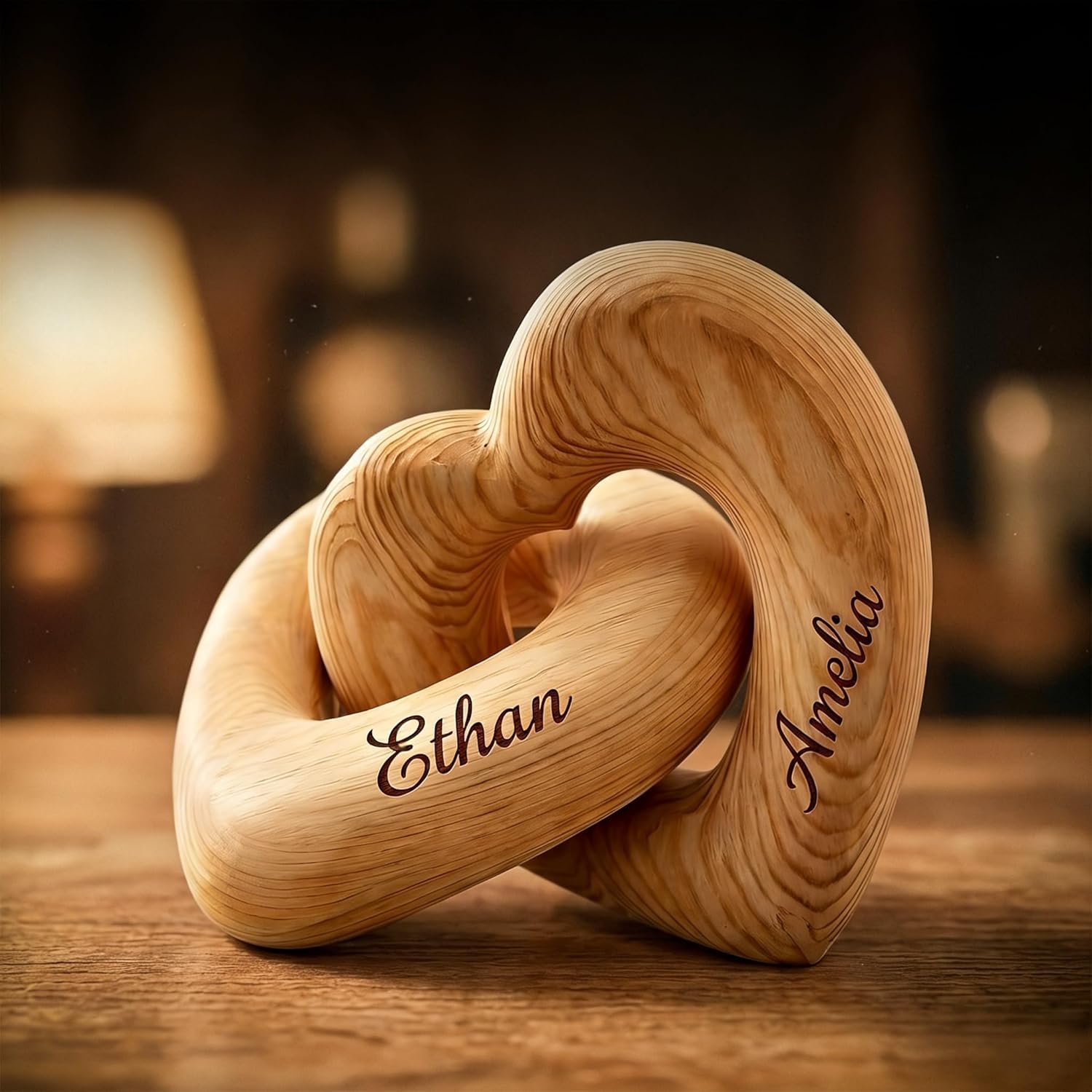Personalised Wooden Hearts with Names, Infinity Interlocking Love Heart Sculpture, Custom Wood Love Knot Decor, Romantic Valentine's Gift for Her Wife Husband Bride Wedding Engagement Anniversary (01)