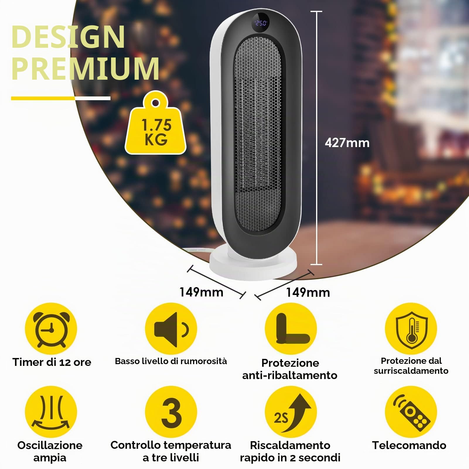 Nictemaw Termoventilatore elettrico in ceramica, 2000 W, ECO riscaldatore elettrico con 3 modalità, protezione antiribaltamento, timer 12 ore, oscillazione a 100° e telecomando per casa e ufficio