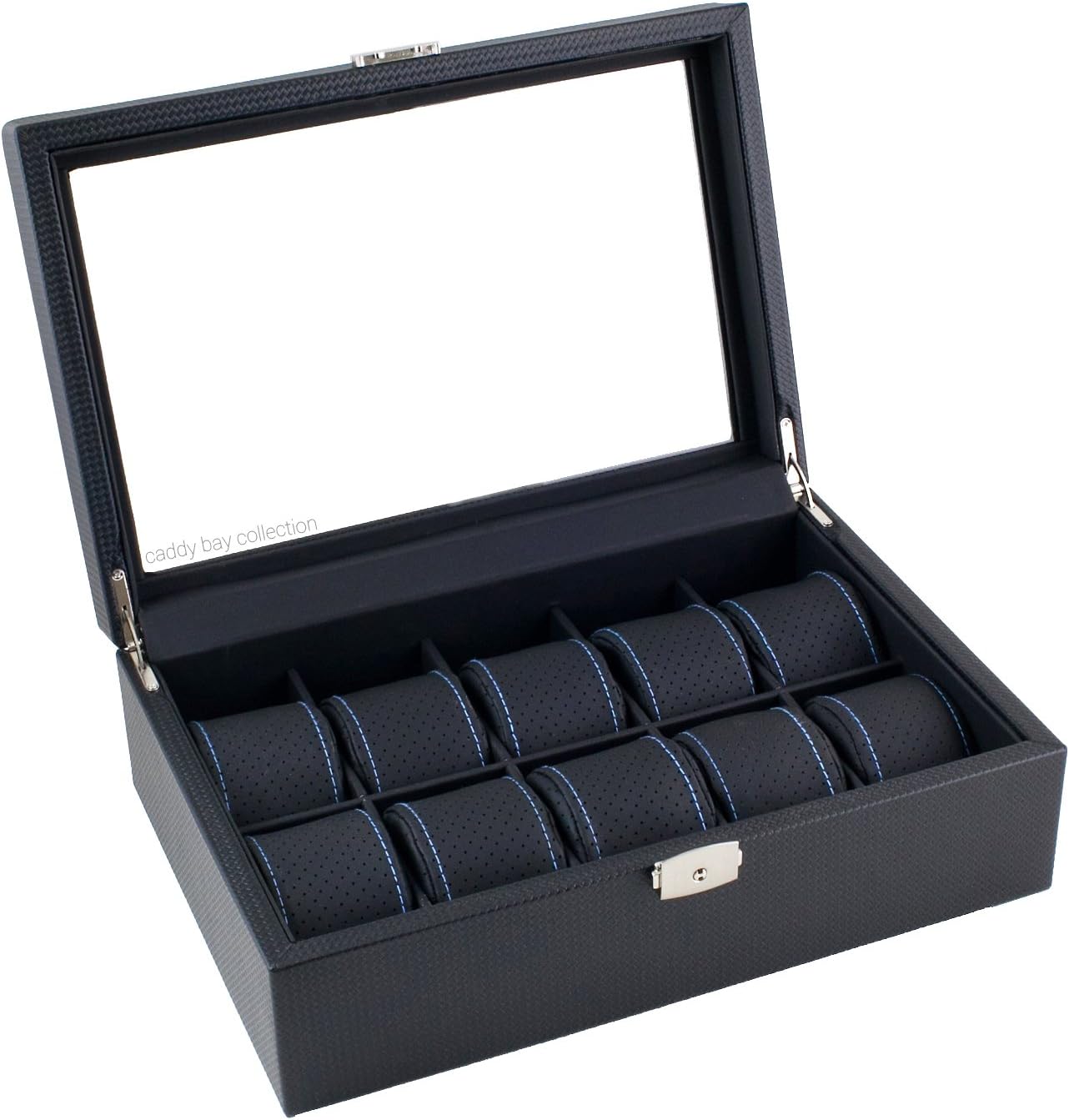 Caddy Bay Collection Black Carbon Fiber Pattern Watch Box Display Storage Case with Glass Top, Blue Stitching Perforated Soft Pillows Holds 10 Watches - Blue Stitching