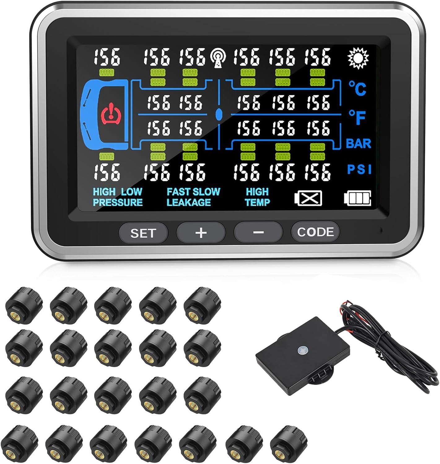 Tire Pressure Monitoring System for RV/Trailer with 22 sensors TP22 0-199PSI 4.5 inch Color Display tpms for Truck RV/Trailer 6 Alert Modes, Suitable for Long Body Vehicles