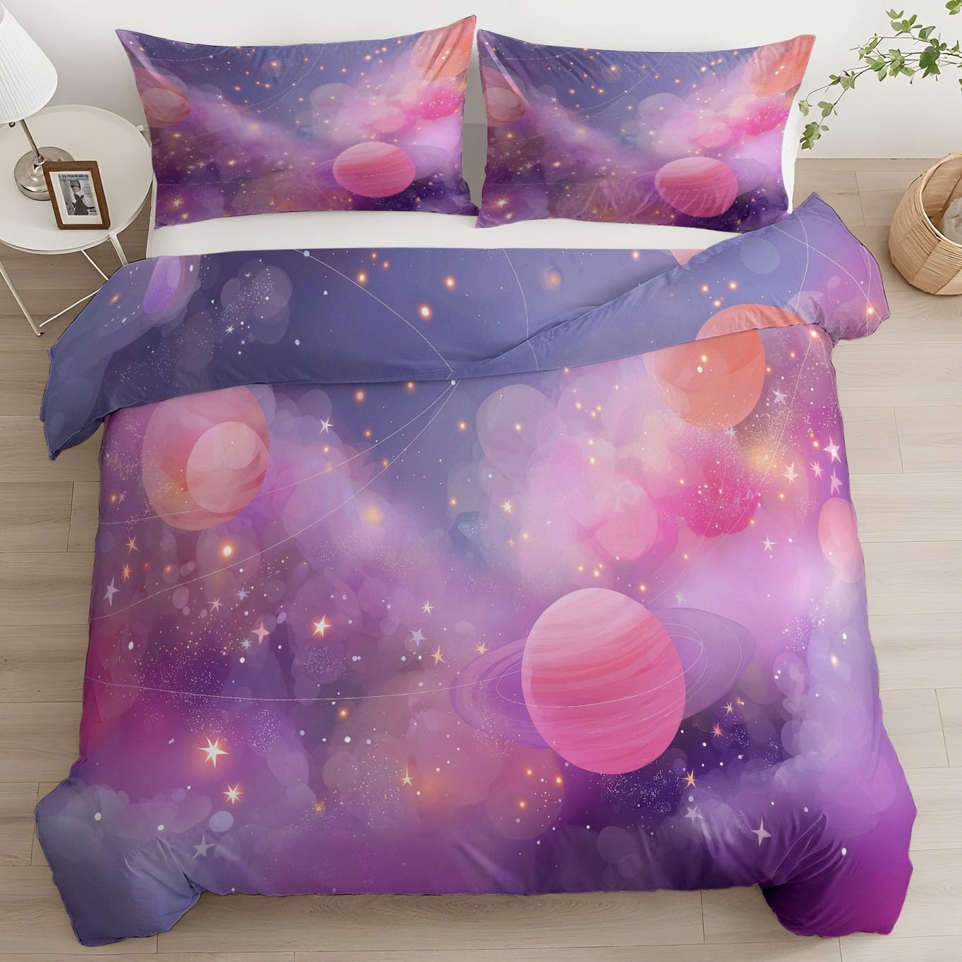 Zestaw poszewek na kołdrę fantasy kreskówka gwiaździste niebo, 260 x 220 cm, rozmiar super king, różowa, ultramiękka hipoalergiczna poszewka na kołdrę, z zapięciem na zamek błyskawiczny, na wszystkie