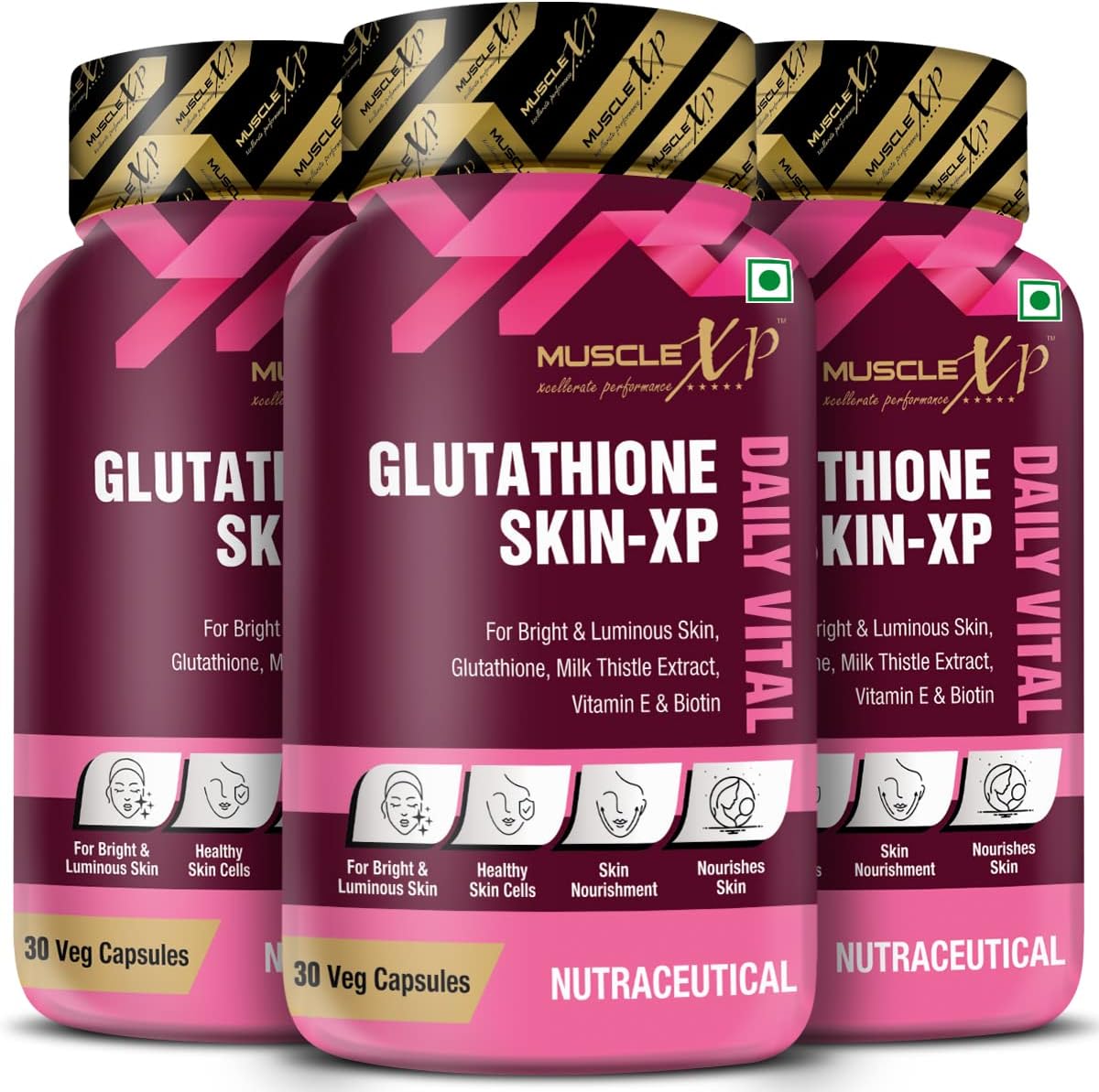 MuscleXP Glutathione Skin-XP Daily Vital, For Bright & Luminous Skin, Glutathione, Milk Thistle Extract, Vitamin E & Biotin, 30 Veg Capsules (Pack of 3)