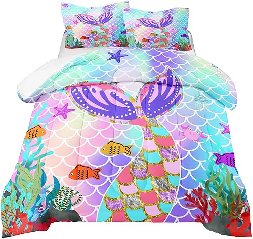 Juego de ropa de cama de sirena tamaño matrimonial para niñas, juego de edredón de escamas de cola de arco iris, cama tamaño matrimonial en una