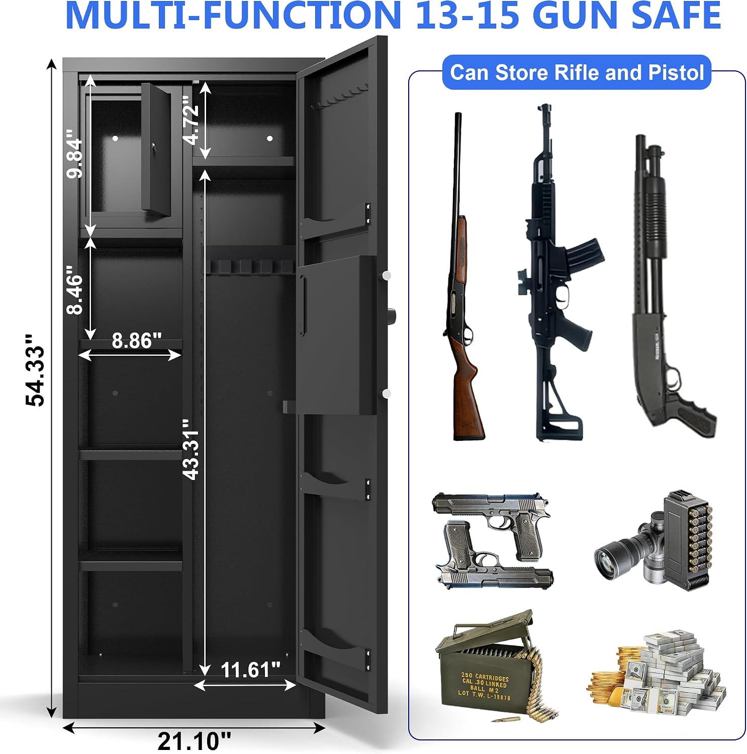13-15 Gun Safe for Rifles And Pistols, Rifle Safes for Home Defense with Fingerprint & Password & Keys, Rifle Safe with Adjustable Shelf, Gun Cabinet with Dual Alarm System, Rifle Gun Safe