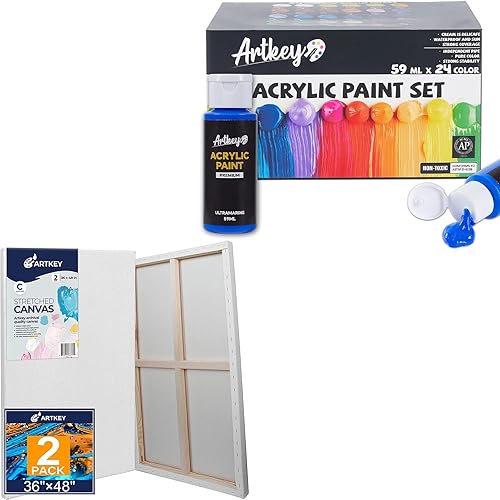 Lienzos estirados para pintar 36x48 pulgadas, paquete de 2, juego de pintura acrílica, 24 colores, 2 oz/2.0 fl oz