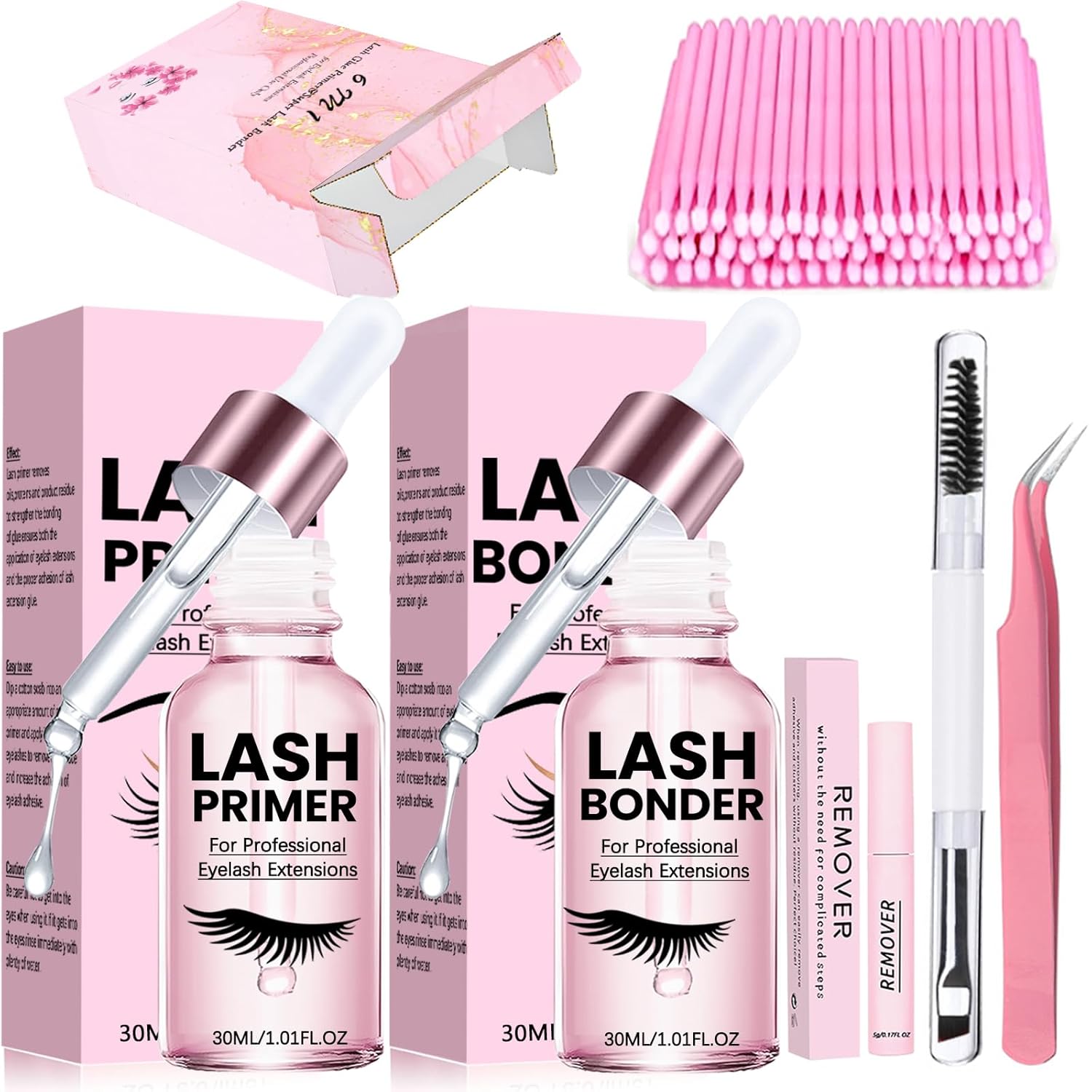 Lash Glue Primer Super Lash Bonder for Eyelash Extensions Kit Instant Cure Adhesive Companion Lash Glue Remover 6IN1 Professional Use Only Lash Extension Supplies with Tweezers Applicator