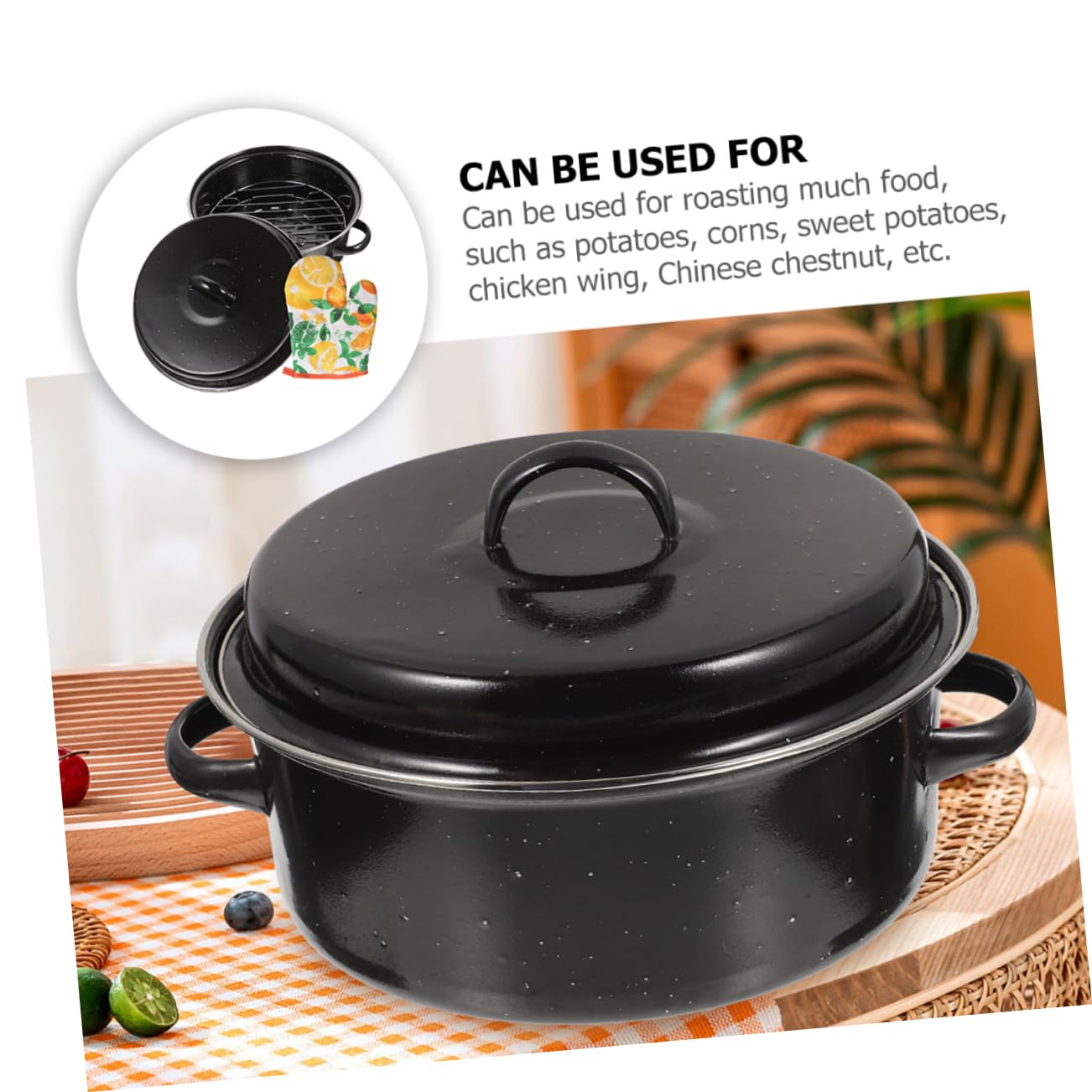 Teglia Multifunzione in Smalto Nero, Manici Ergonomici Doppi, Resistente alle Alte Temperature, per Castagne e Patate, Casa e Campeggio