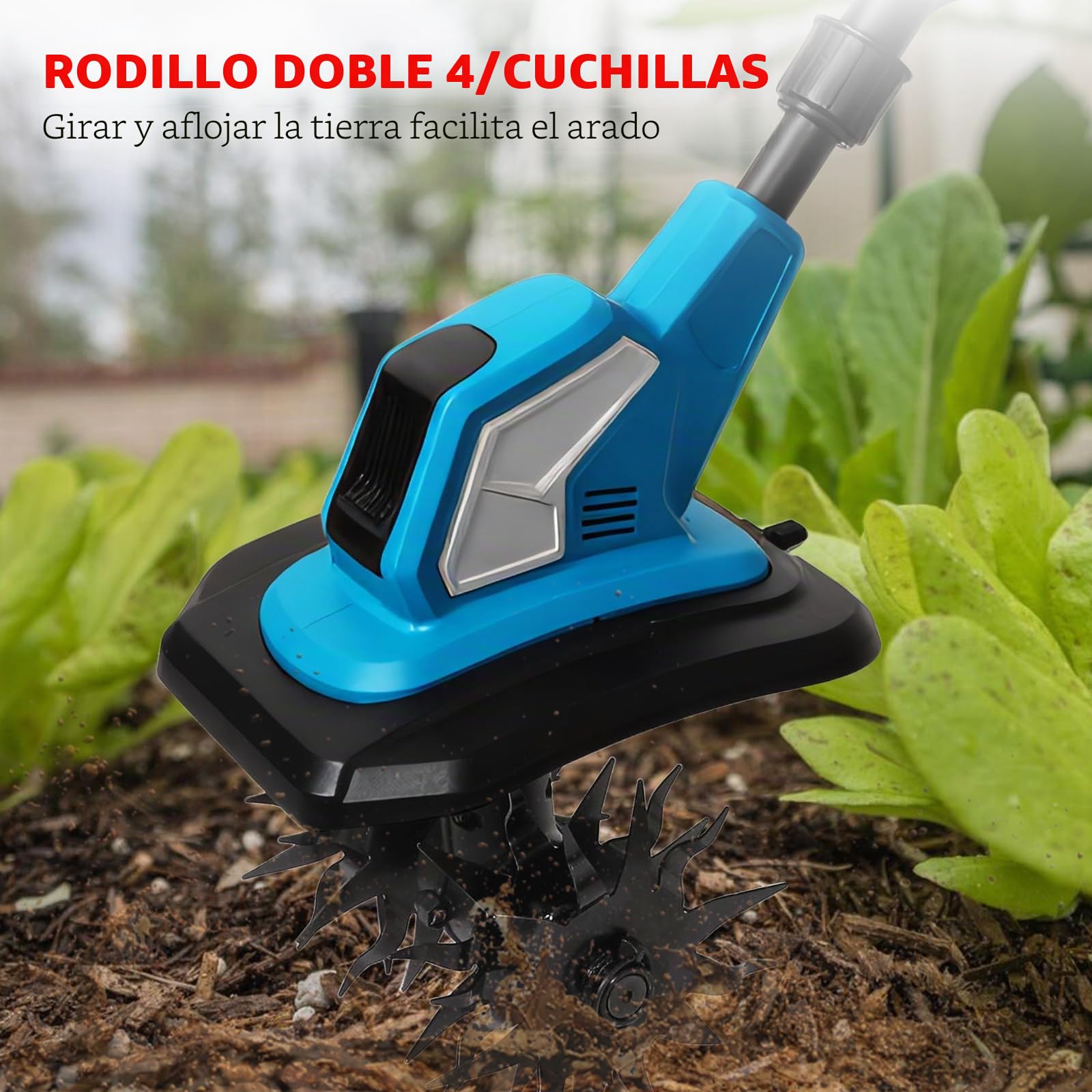 Motoazada Eléctrica 600 W, Motoazada Batería con 2 baterías, Barra Regulable y Plegable, Profundidad de Trabajo 24 cm, Ancho de Trabajo 17 cm, para Aflojar el Césped, Huerto y Jardín Residencial