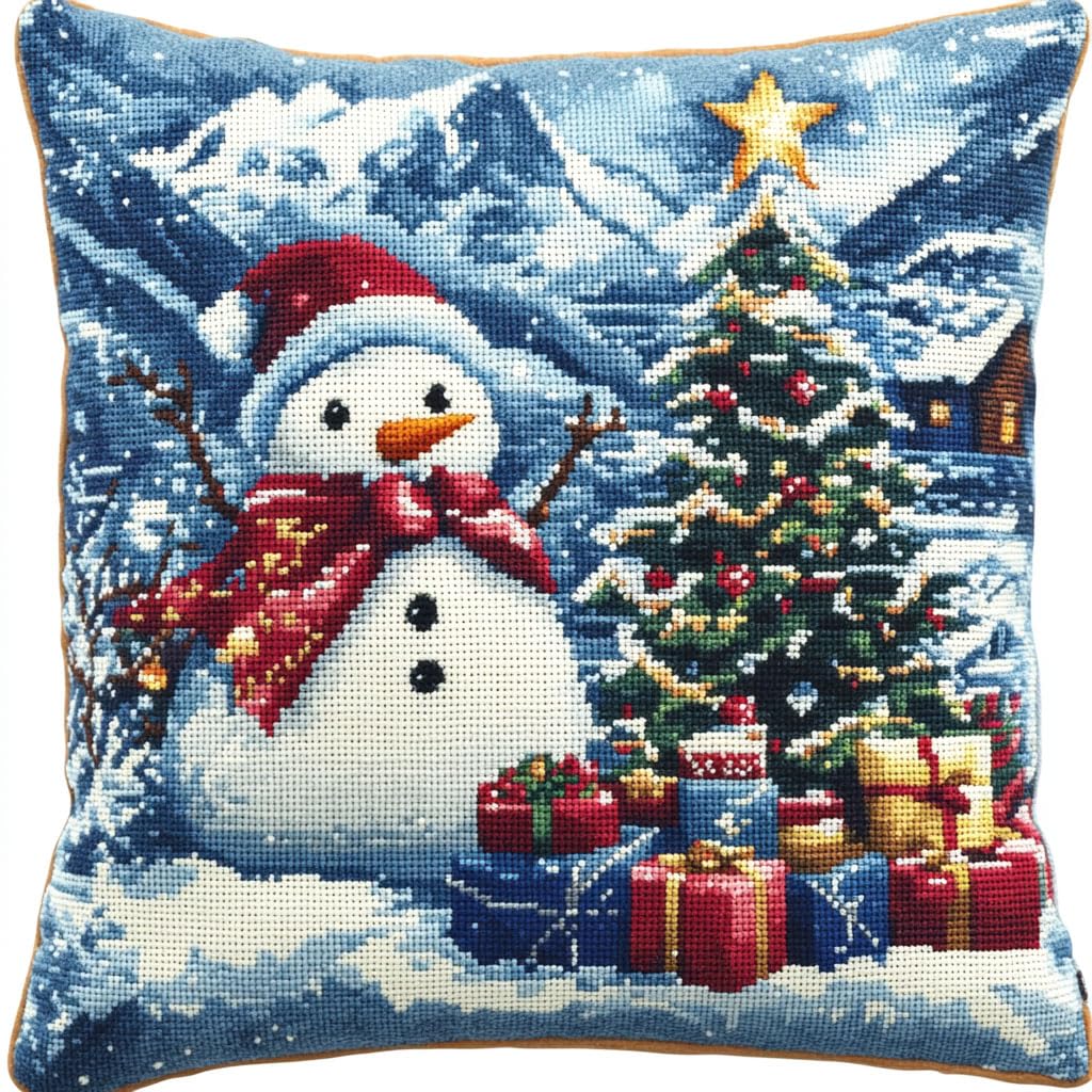 AMBATTERY Cross Stitch Cushion Cover, Christmas Snowman in Winter Needlework Pillow Kits 45X45cm Needlepoint Craft Set Cushion Kit pre Printed Handmade Cushion Cover Kit Stitched Cushion Kit