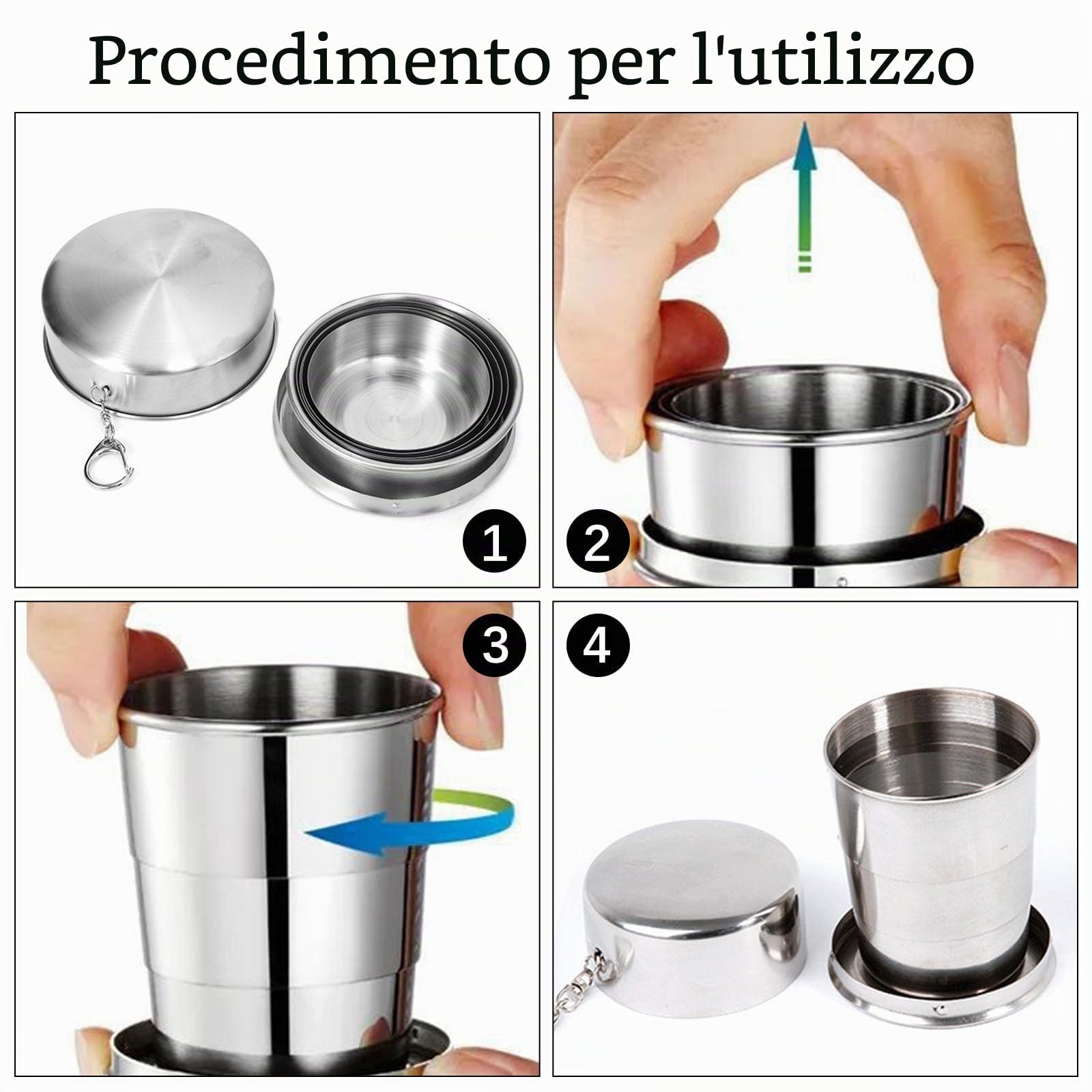 Helweet Bicchiere Pieghevole da Viaggio, Tazza da Viaggio Pieghevole, Tazza D'Acqua Pieghevole, Tazza Pieghevole Acciaio Inossidabile, Adatto per Viaggi Picnic Sport Campeggio, 2 Pezzi(75ml+150ml)