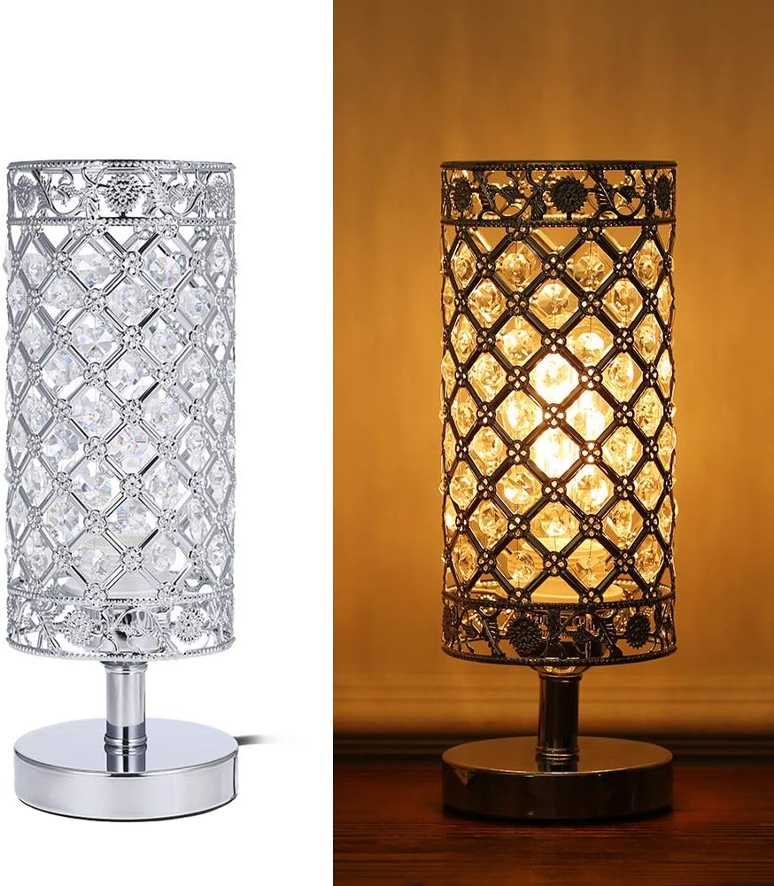 Crystal Bedside Table Lamp Sliver Bedroom Nightstand Light Modern E27 Lamp for Living Room,Guest Room,Dresser Table Decoration