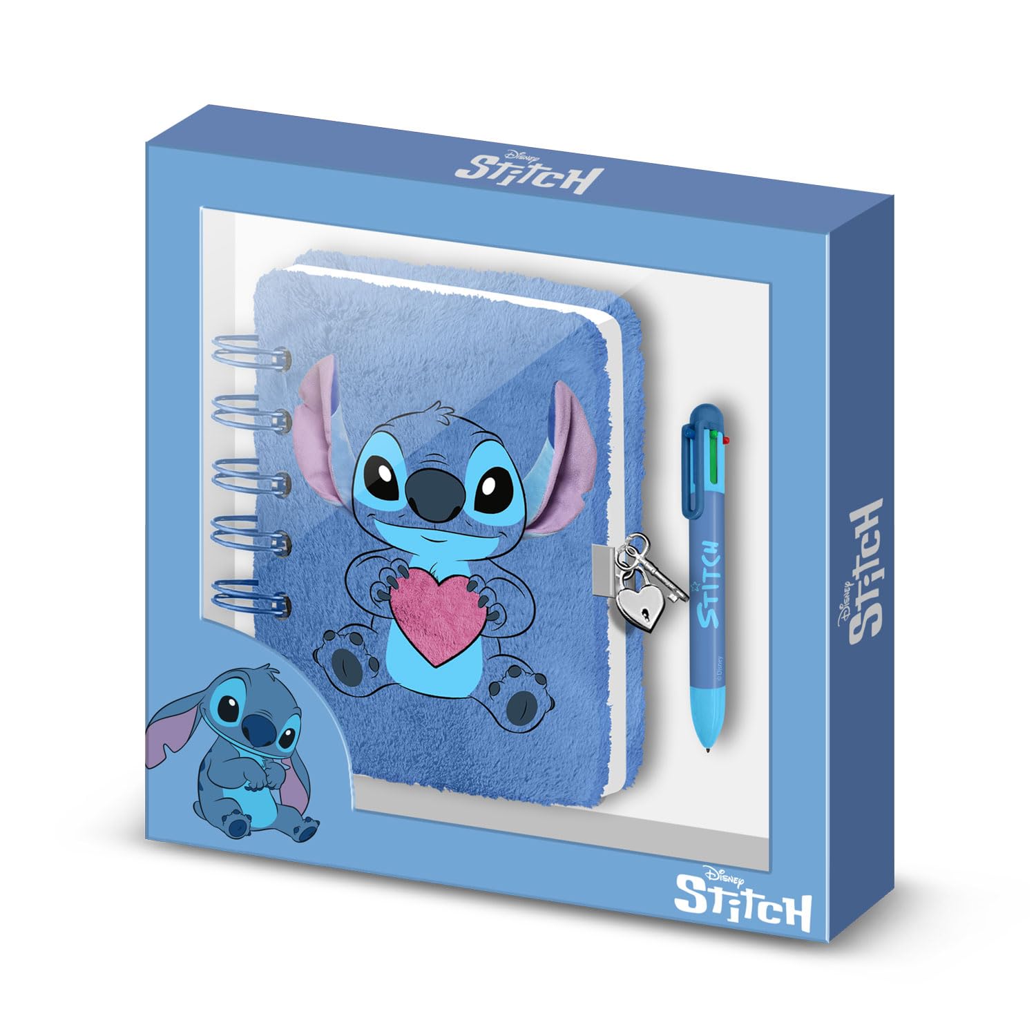 Disney Lilo and Stitch Heart-Pack of Plush Diary + 6-Coloured Pen, Blue