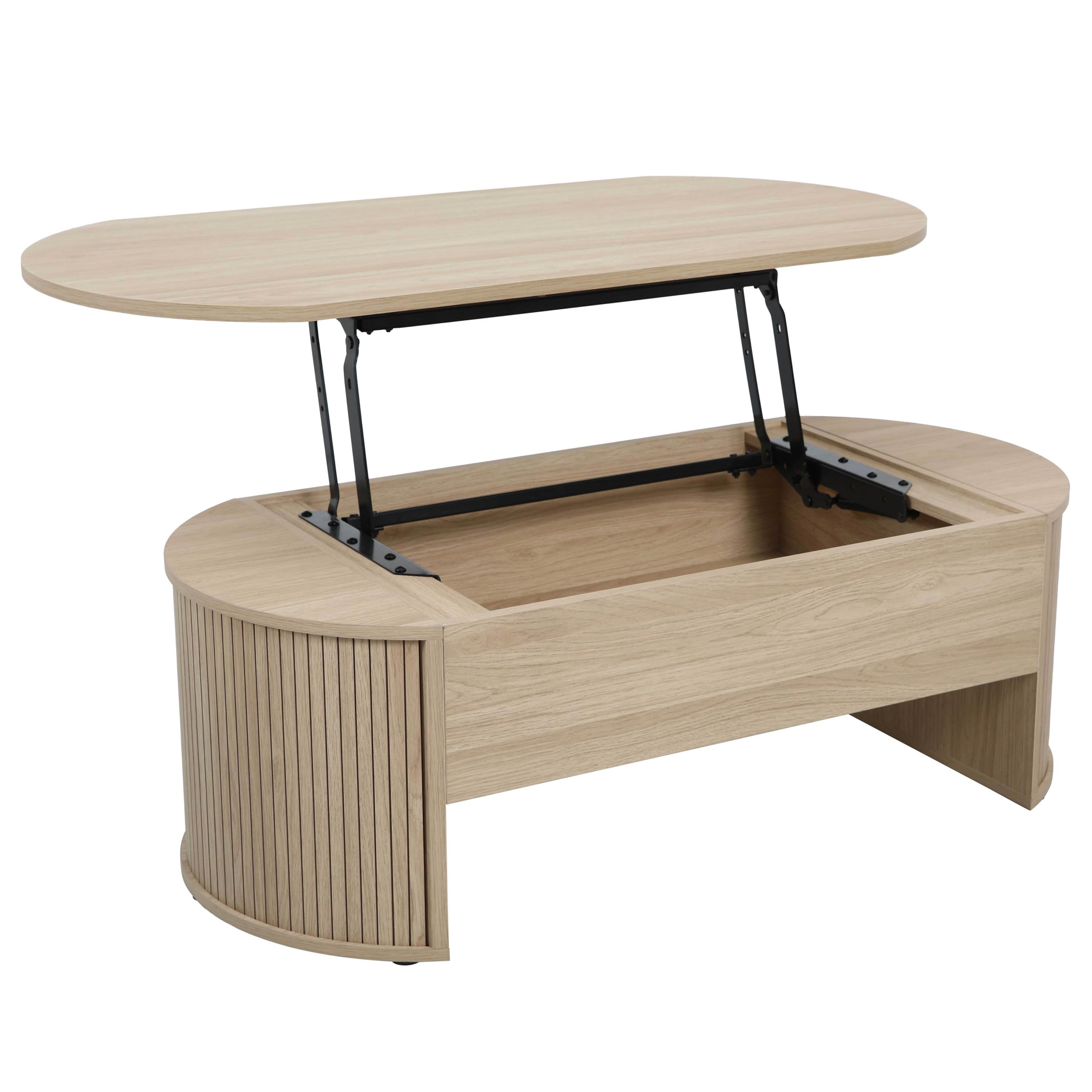 Oviala - Mesa baja ovalada con tapa elevable, efecto madera clara
