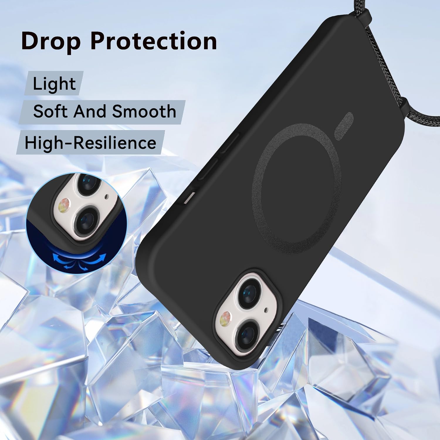 Knrlqim Magnetica Cover con Cordino per iPhone 13/iPhone 14, Compatibile con Magsafe,Custodia con Laccio Collana Tracolla Corda,Cornice Ondulata Traslucida Opaca Antiurto Protettiva Case,Nero