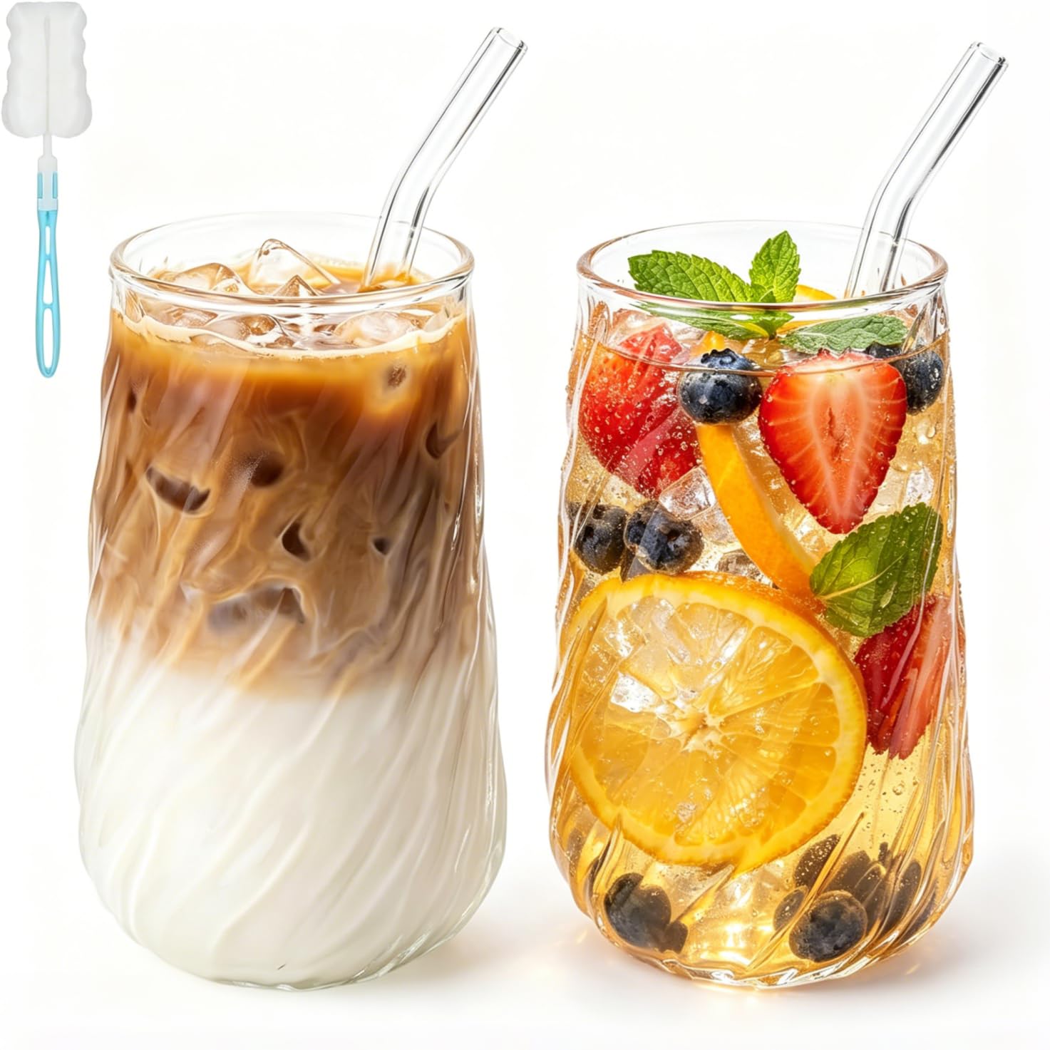 2 Pcs 400ML Glass Cups with Straws - Clear Iced Coffee Cup Matcha Glass Cups Irregular Ribs Glasses with Straws Brush & Cup Brush for Ice Coffee Juice Drink Milk Tea Cocktail Wedding Birthday Gift