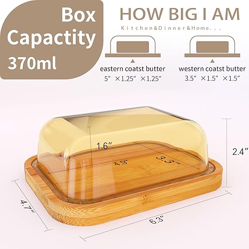 Miniatura 6 de GorGin Mantequillera con tapa para frescura de encimera y refrigerador, plato de mantequilla de vidrio con plato de bambú grueso, bandeja de