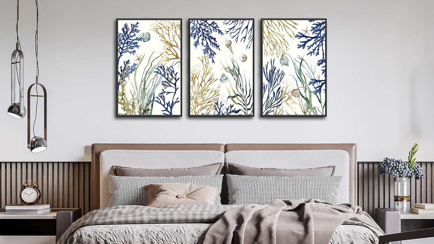 Large Framed Ocean Wall Art - Navy Brown Coral Wall Decor 20"x28" Set of 3 Coastal Wall Art Prints Starfish Shell Conch Paintings Pastel Beach Canvas Pictures for Living Room Bedroom Bathroom
