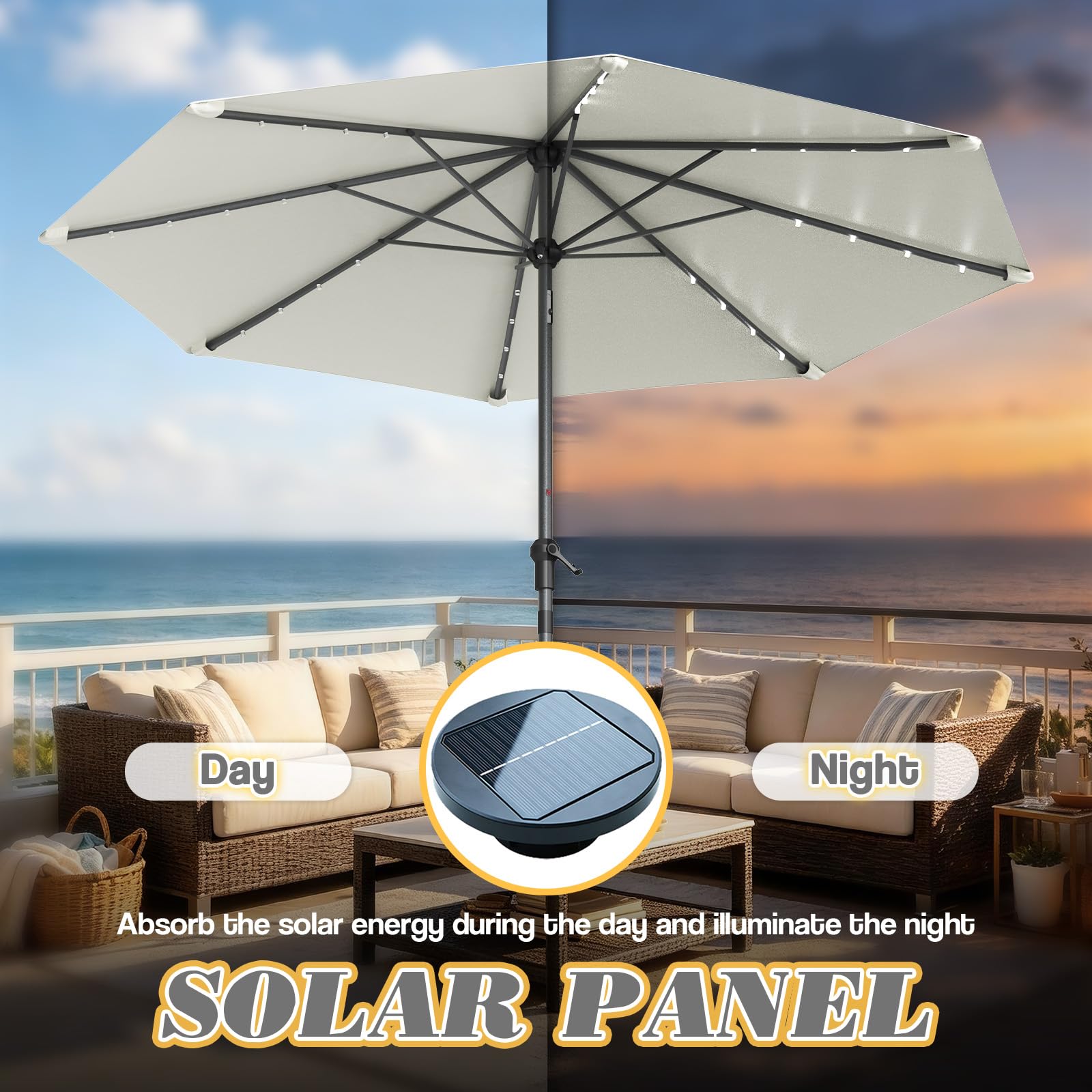 Sonnenschirm mit Beleuchtung Solar, Kleiner Balkonschirm Kippbar 45° ohne Ständer Windfest UV-Schutz, Gartenschirm Marktschirm Terrassenschirm Kurbelschirm Sonnenschutz