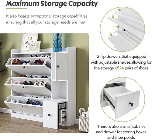 Miniatura 5 de Armario de almacenamiento de zapatos para entrada, armario de zapatos con 2 cajones abatibles y estante abierto, luz LED integrada, armario