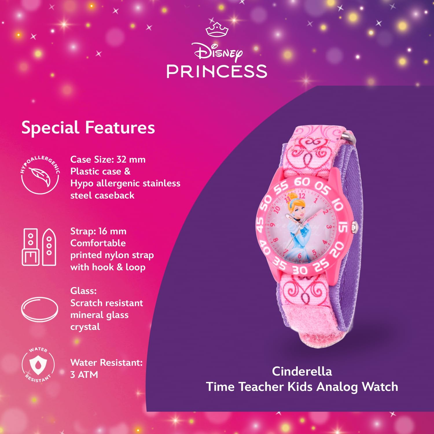 Disney Princess Kids' Plastic Time Teacher Analog Quartz Nylon Strap Watch