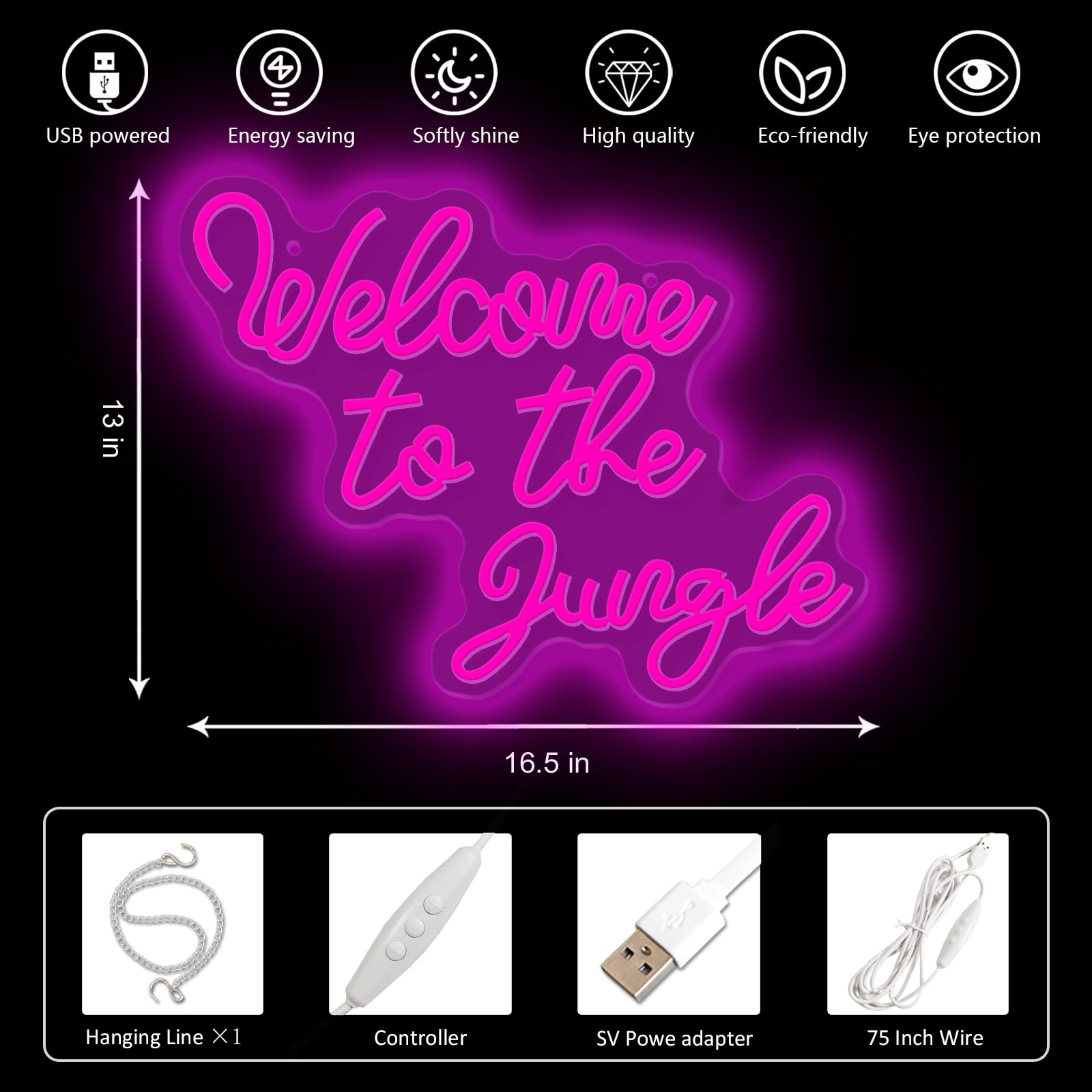 Welcome to The Jungle LED neon sign wall decoration pink neon light garden home porch store Christmas living room bar decoration USB 5V, 16.5 "* 13"