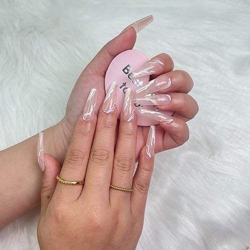 NayToe Nailz Uñas a presión reutilizables de alta calidad con divertido estampado dorado y blanco, uñas largas a presión para manicuras elegantes,