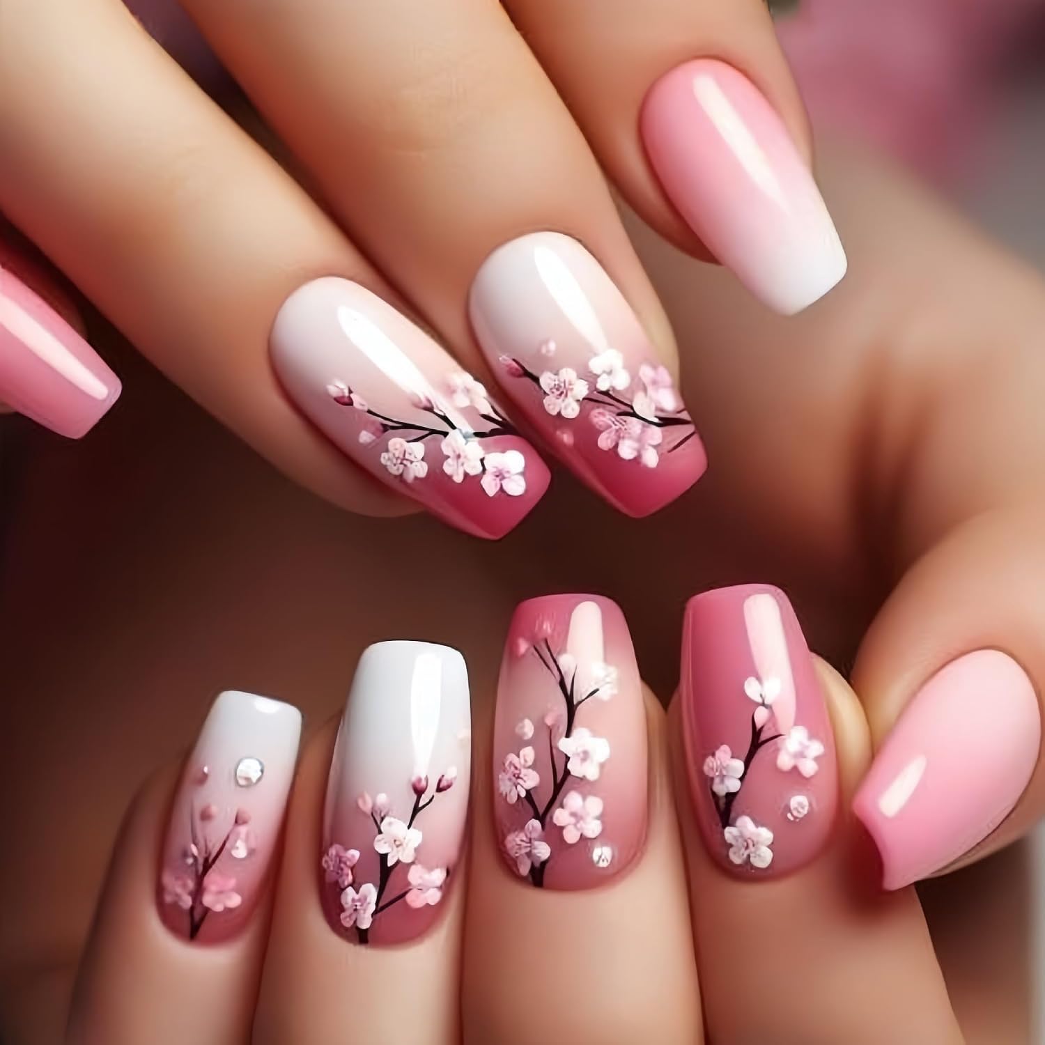 Medium Press on Nails Spring - Purple Flower Fake Nails with Silvery Branch Designs Summer Nails Press ons Square Full Cover Stick on Nails Glossy Reusable Floral Nails for Women 24Pcs