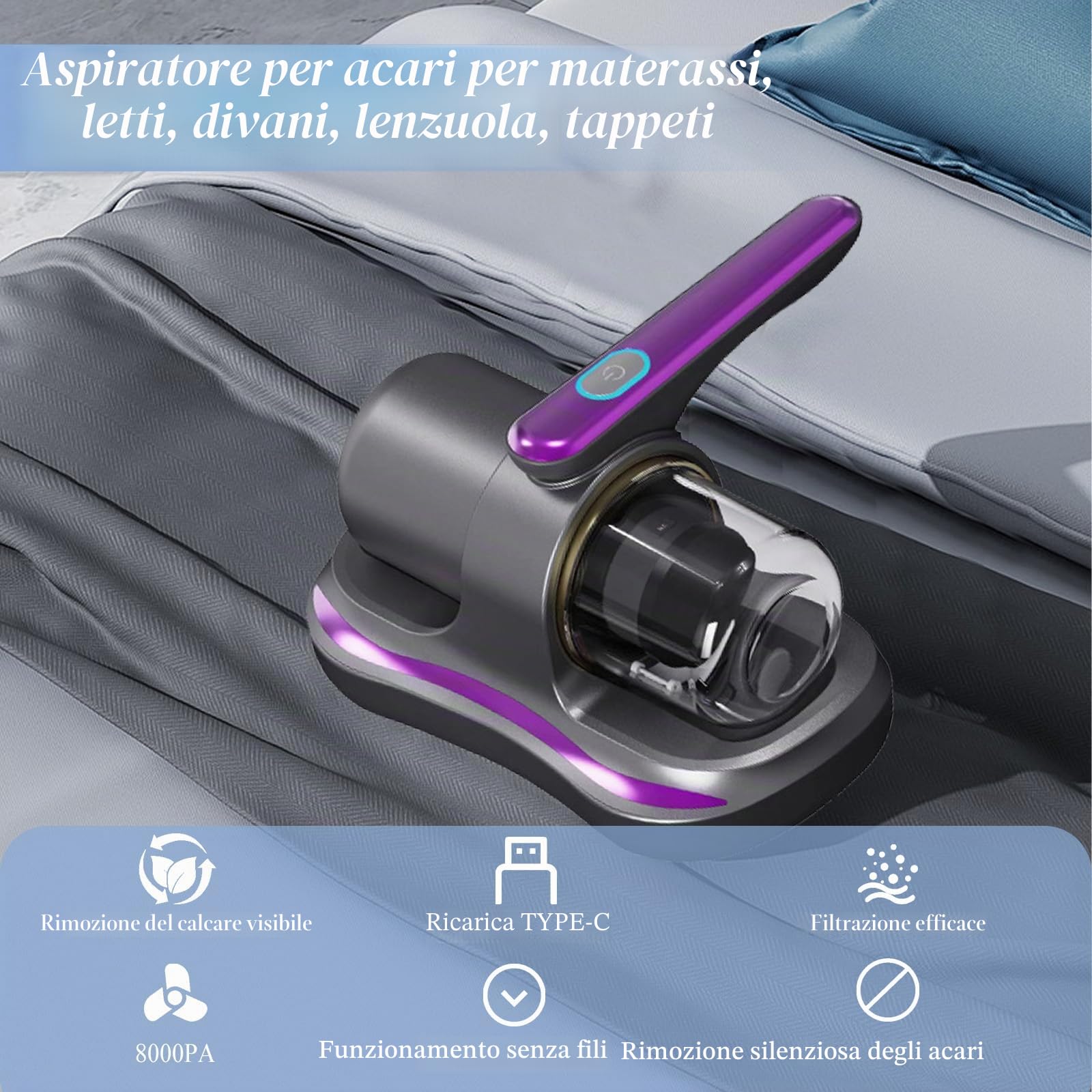 Aspiratore per acari da 100 W, per materassi e acari, con luce UV e contenitore per la polvere permanente per materassi, divani, cuscini, tappeti, altri tessuti